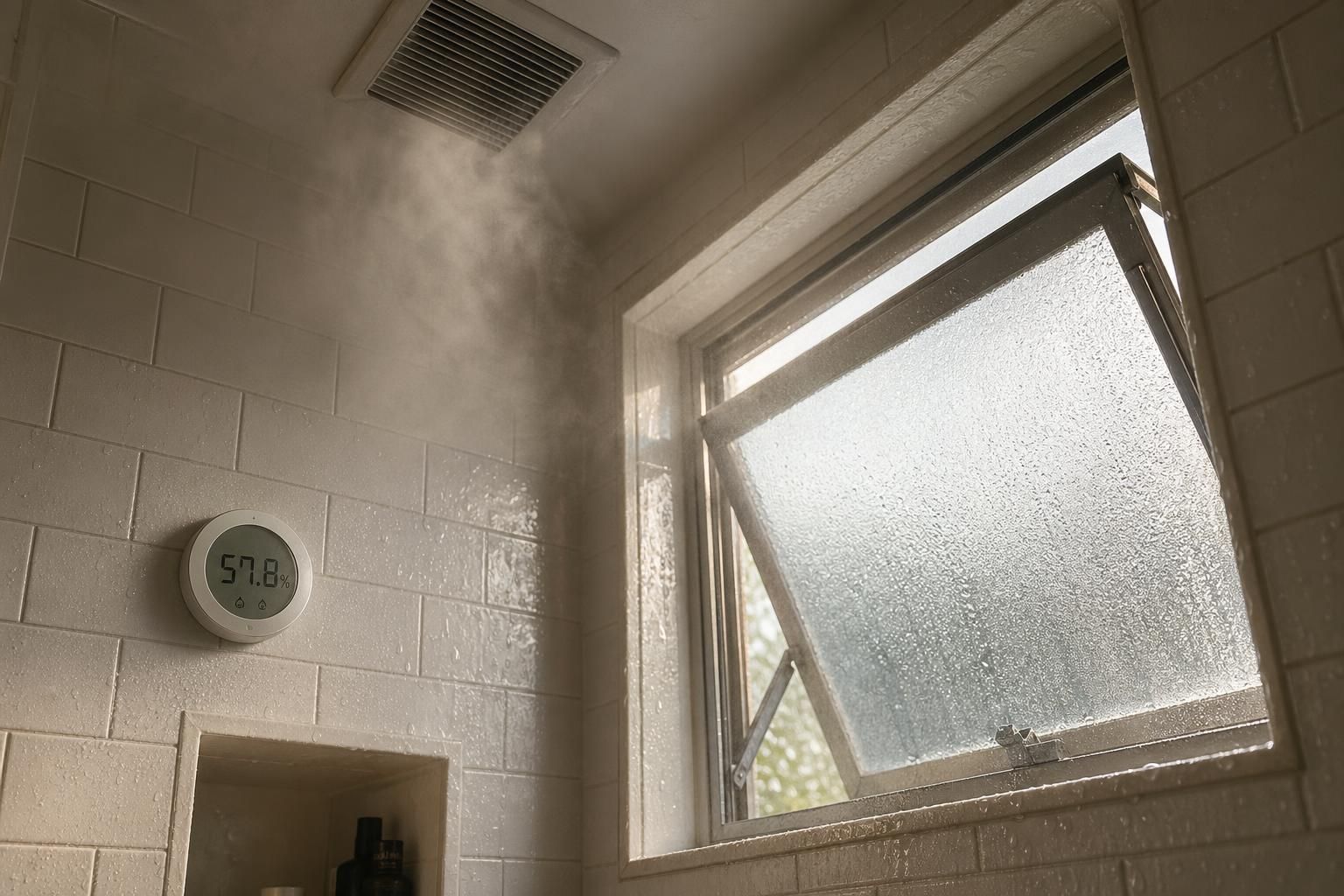 A bathroom scene with moisture-laden tiles and a digital humidity sensor.