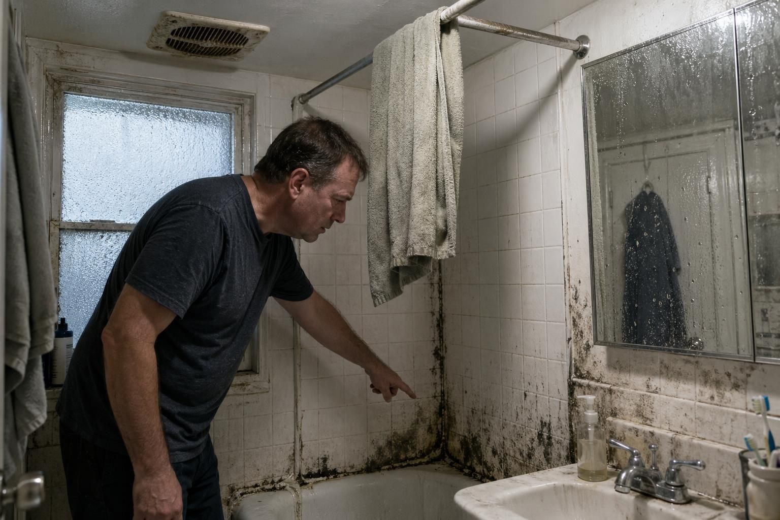 A frustrated man inspects moldy corners in a cramped, humid bathroom.