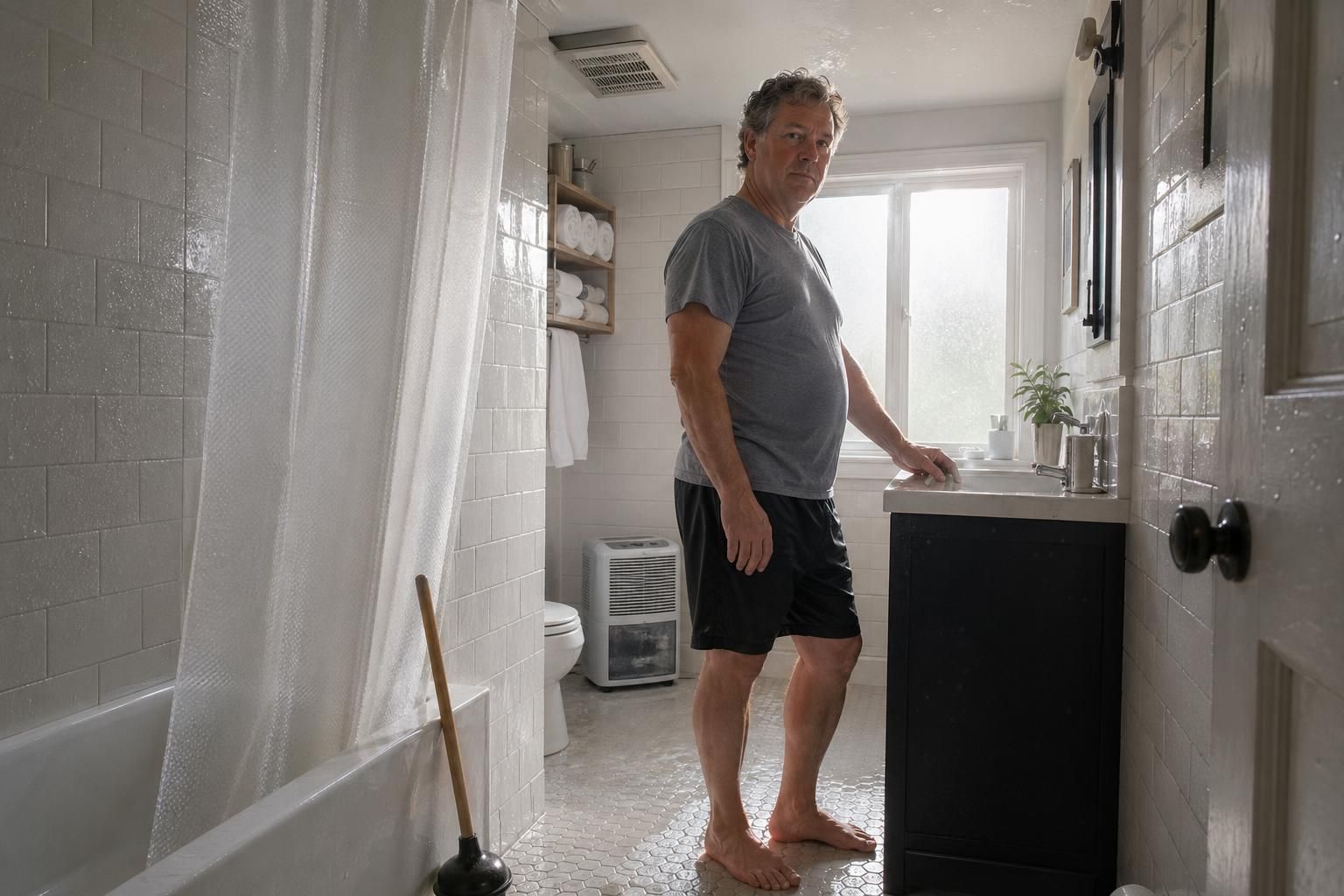 A middle-aged man stands barefoot in a freshly cleaned bathroom.