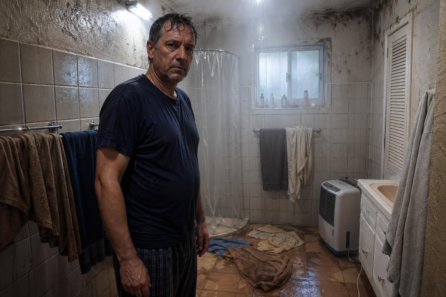 A middle-aged man stands in a cramped, steam-filled bathroom.