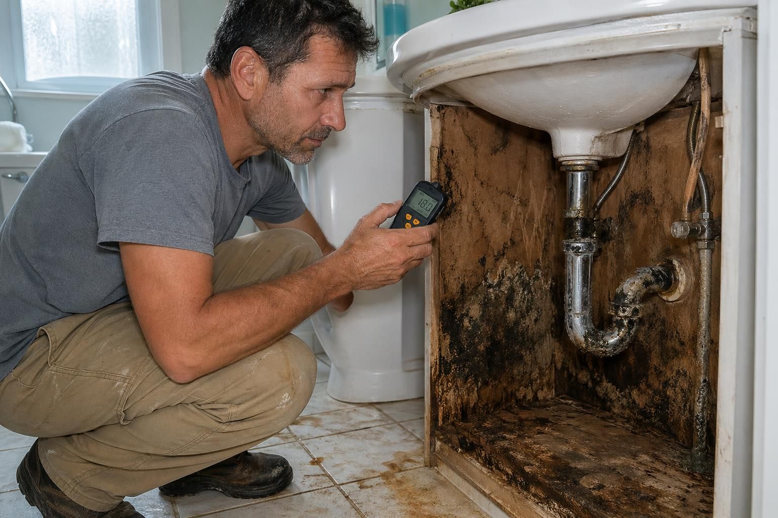 A man inspects moisture damage and mold in a bathroom.