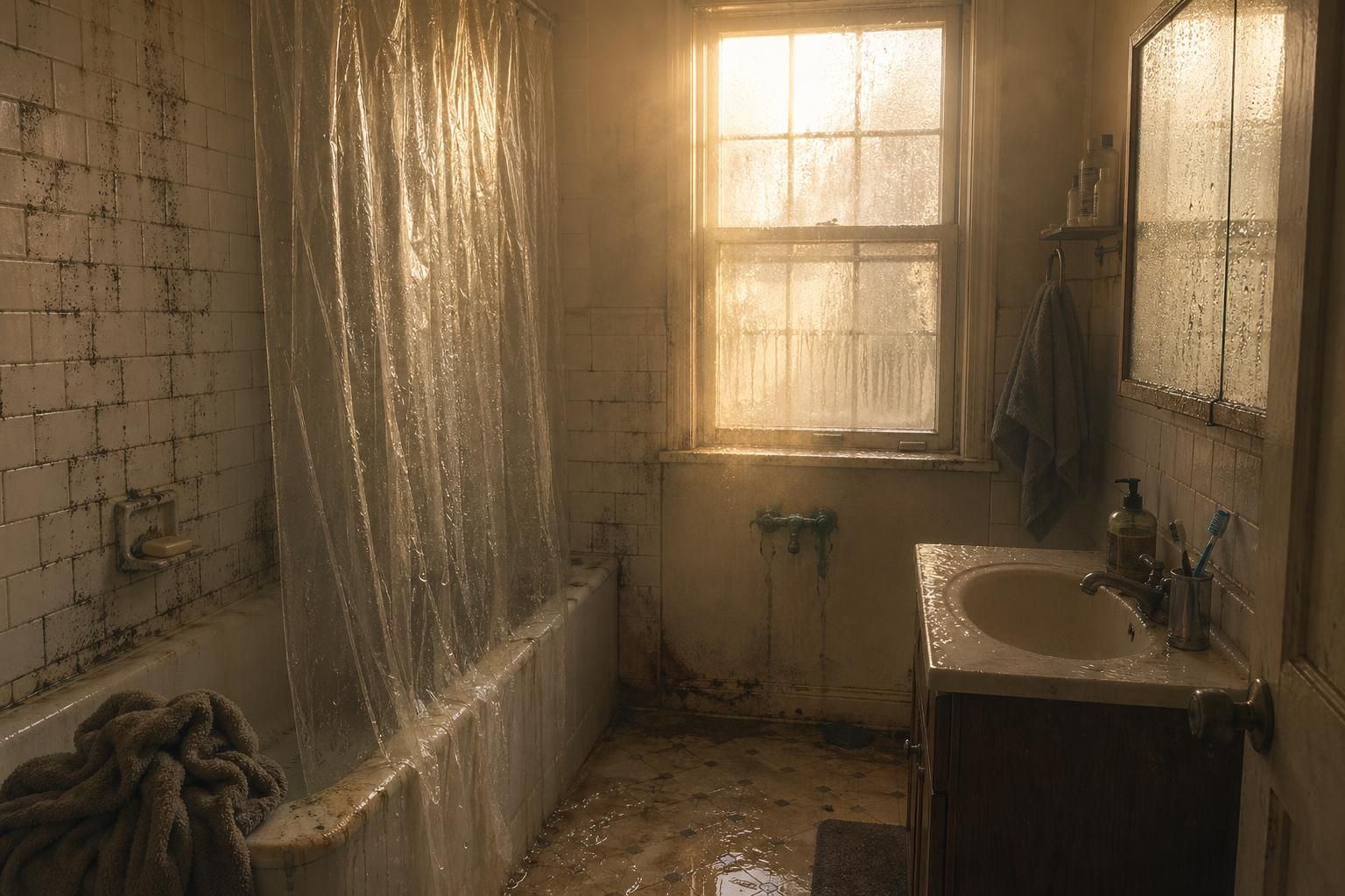 A damp bathroom shows severe moisture damage and mold growth.