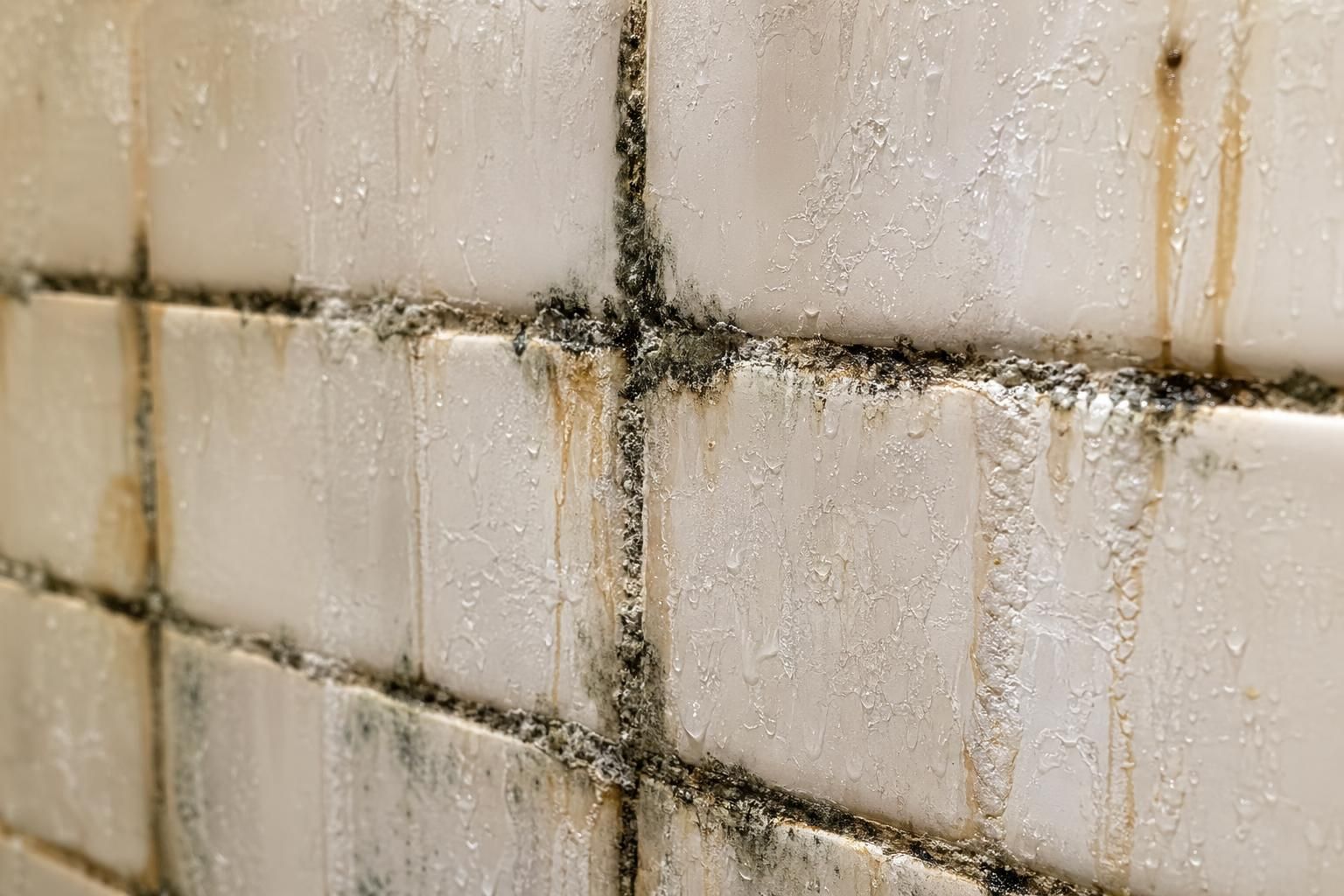 A neglected shower wall covered in mold, soap scum, and stains.