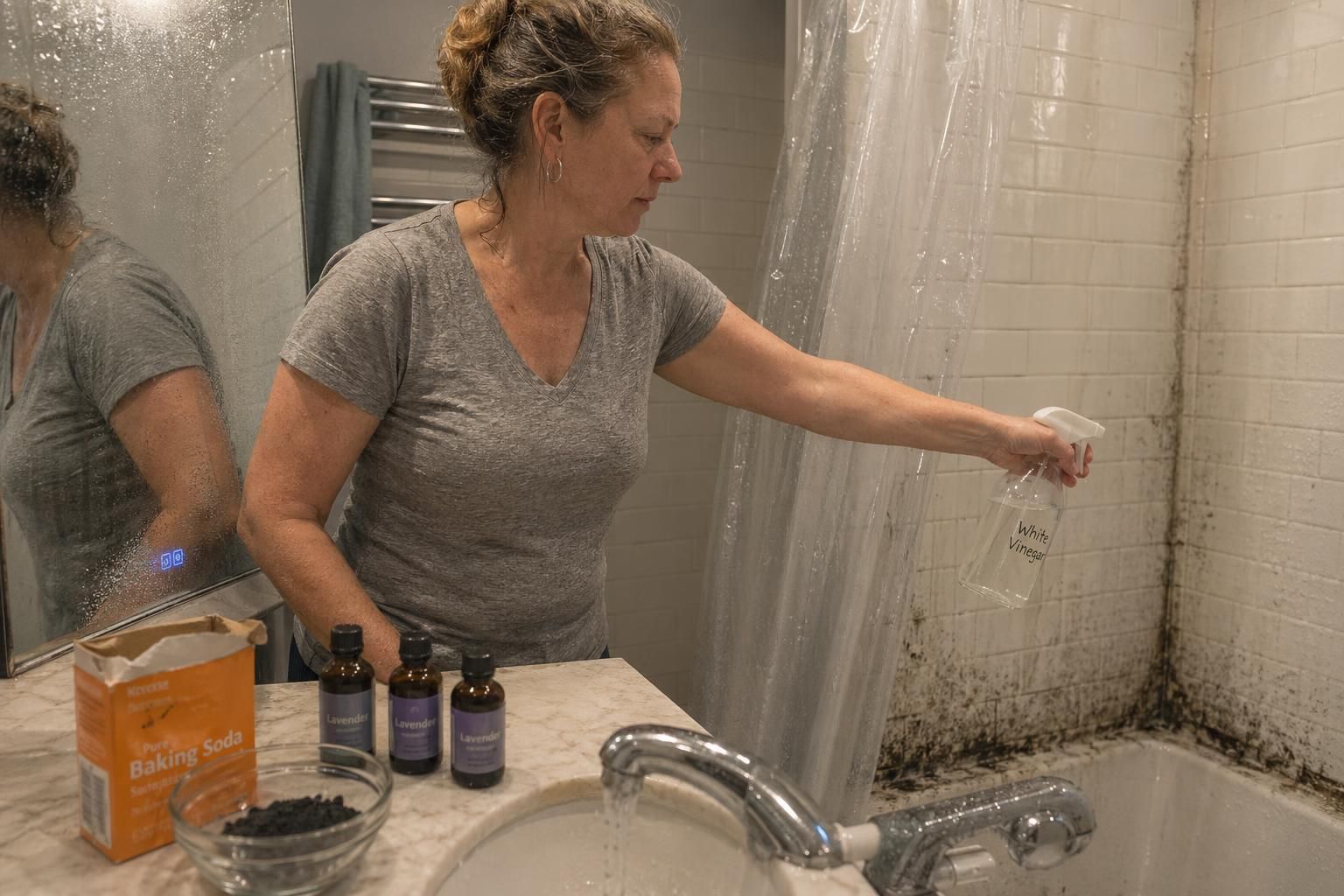 A woman cleans mildew in her well-used bathroom.
