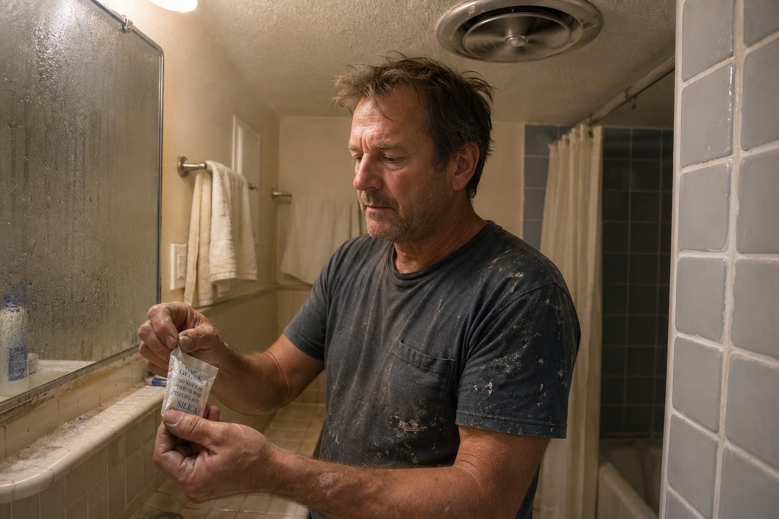 A middle-aged man performs bathroom maintenance with a silica gel packet.