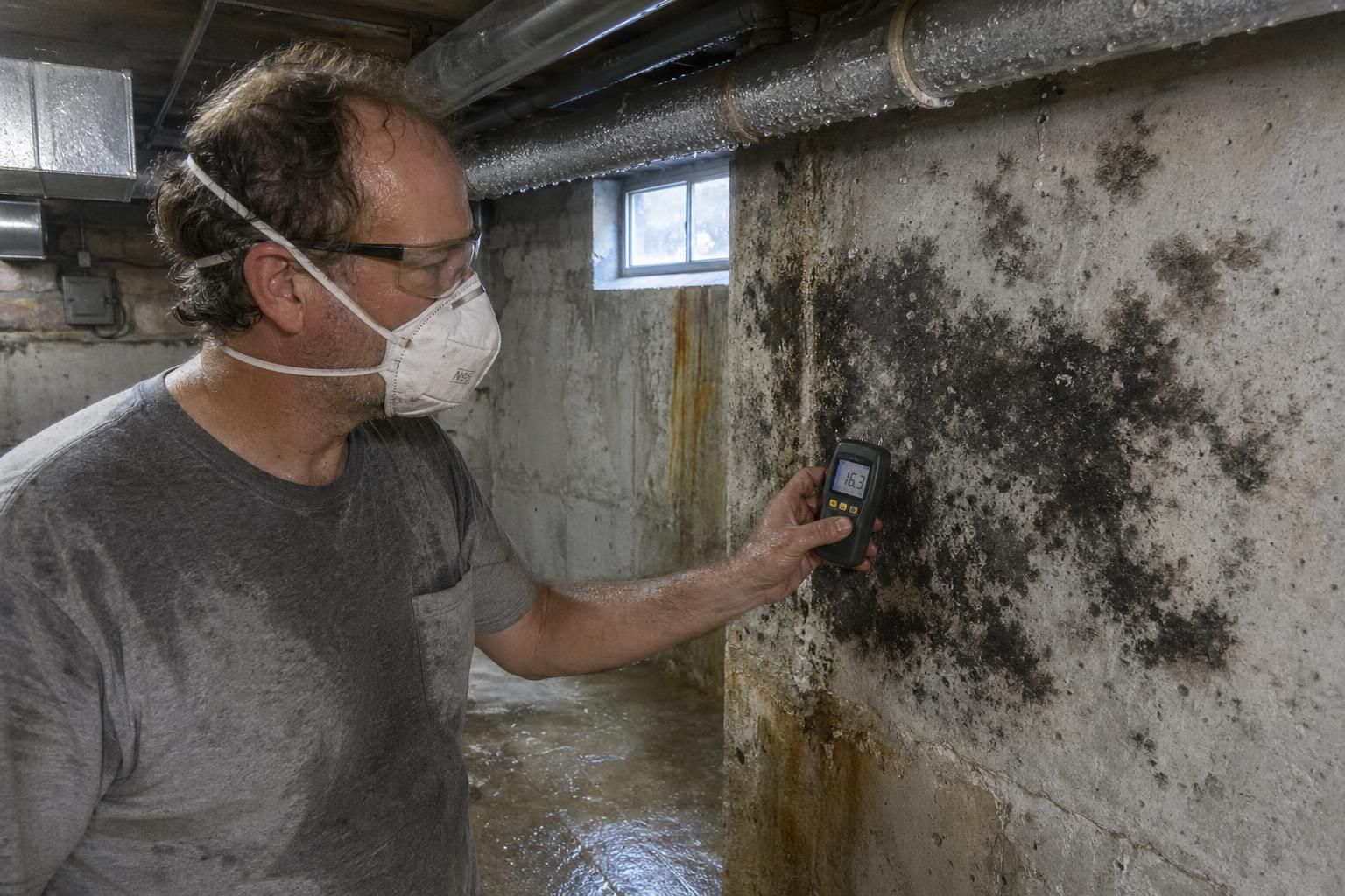 A man inspects mold in a damp basement using a moisture meter.