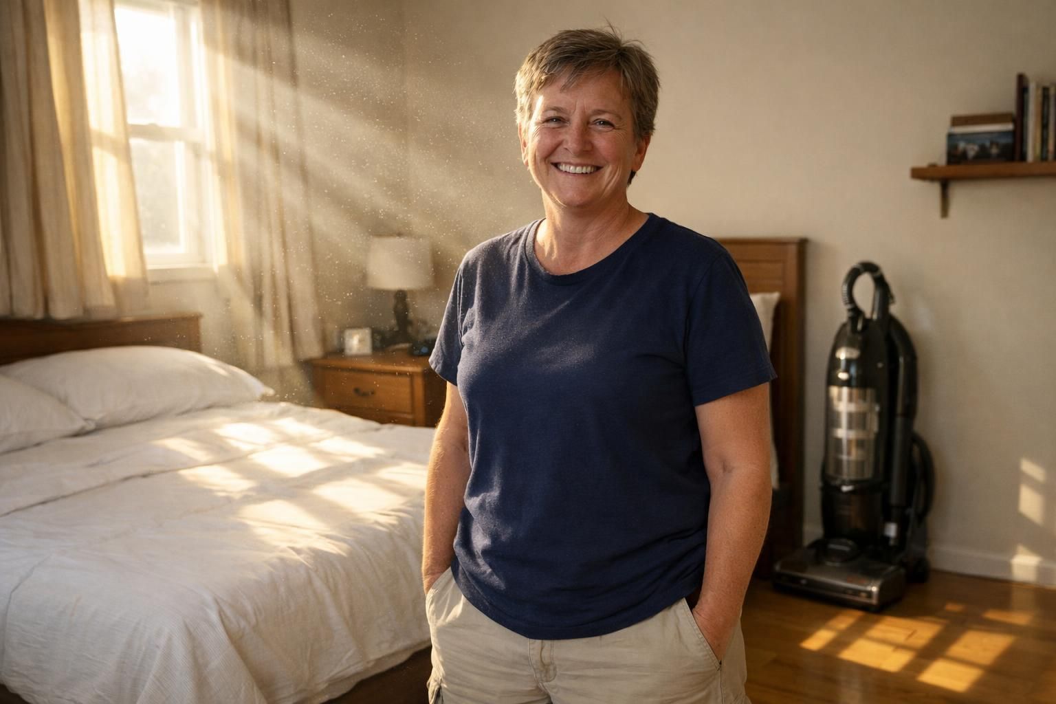 A relaxed middle-aged person stands in a tidy, sunlit bedroom.