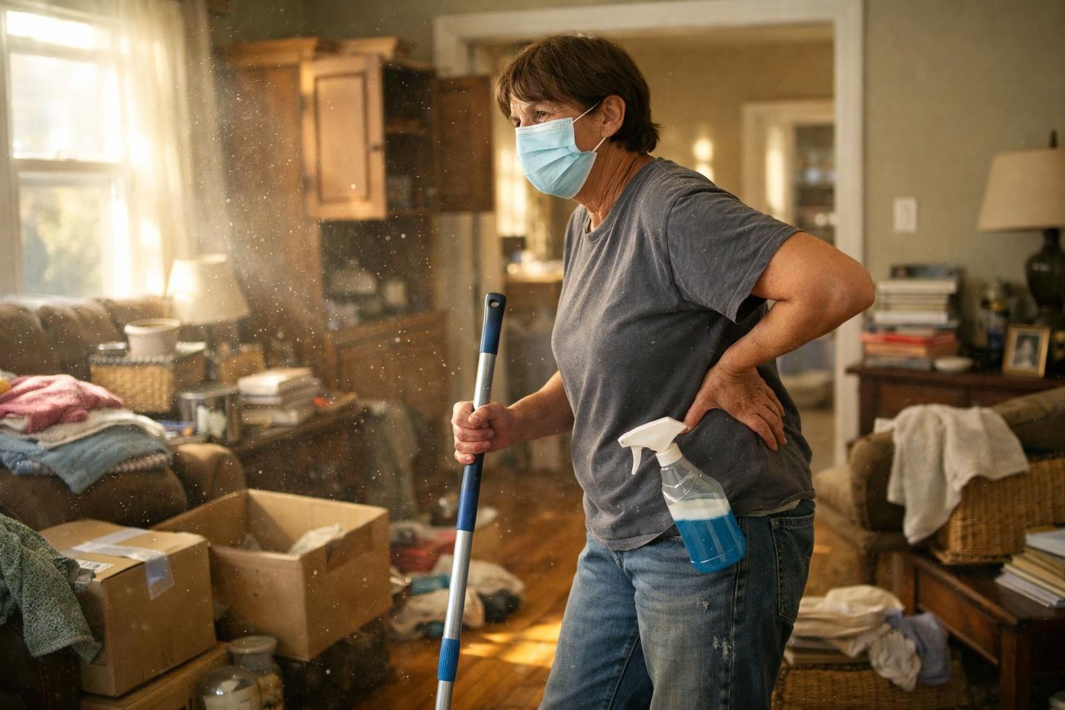 A tired individual cleans a cluttered living room during spring cleaning.