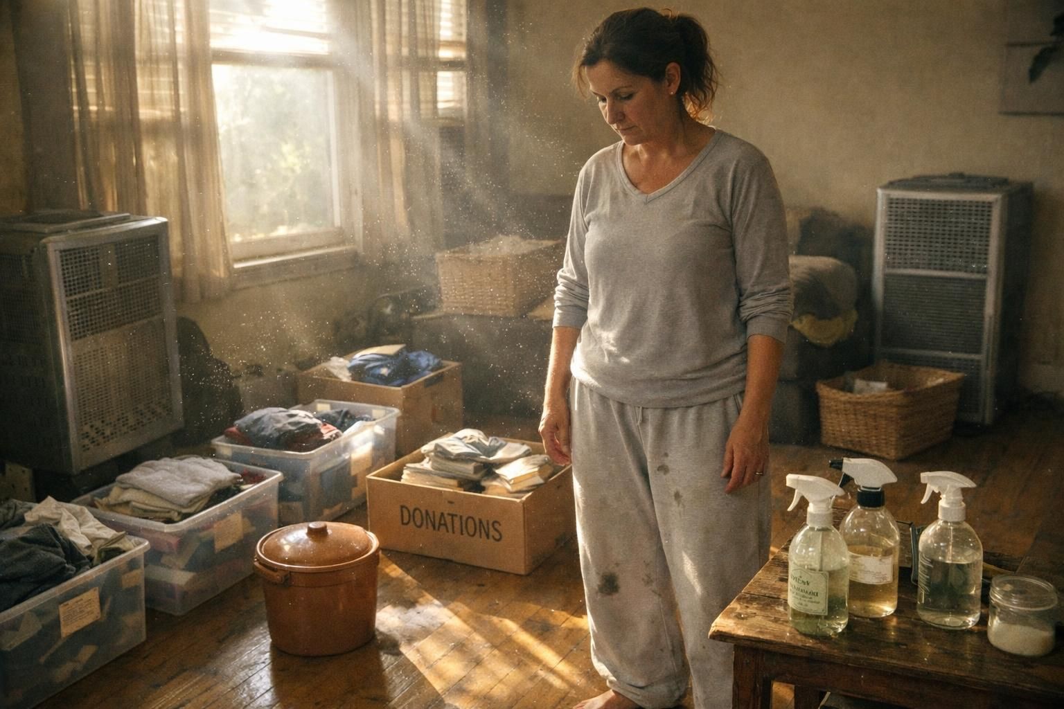 A woman reorganizes her cluttered living room amidst household tasks.