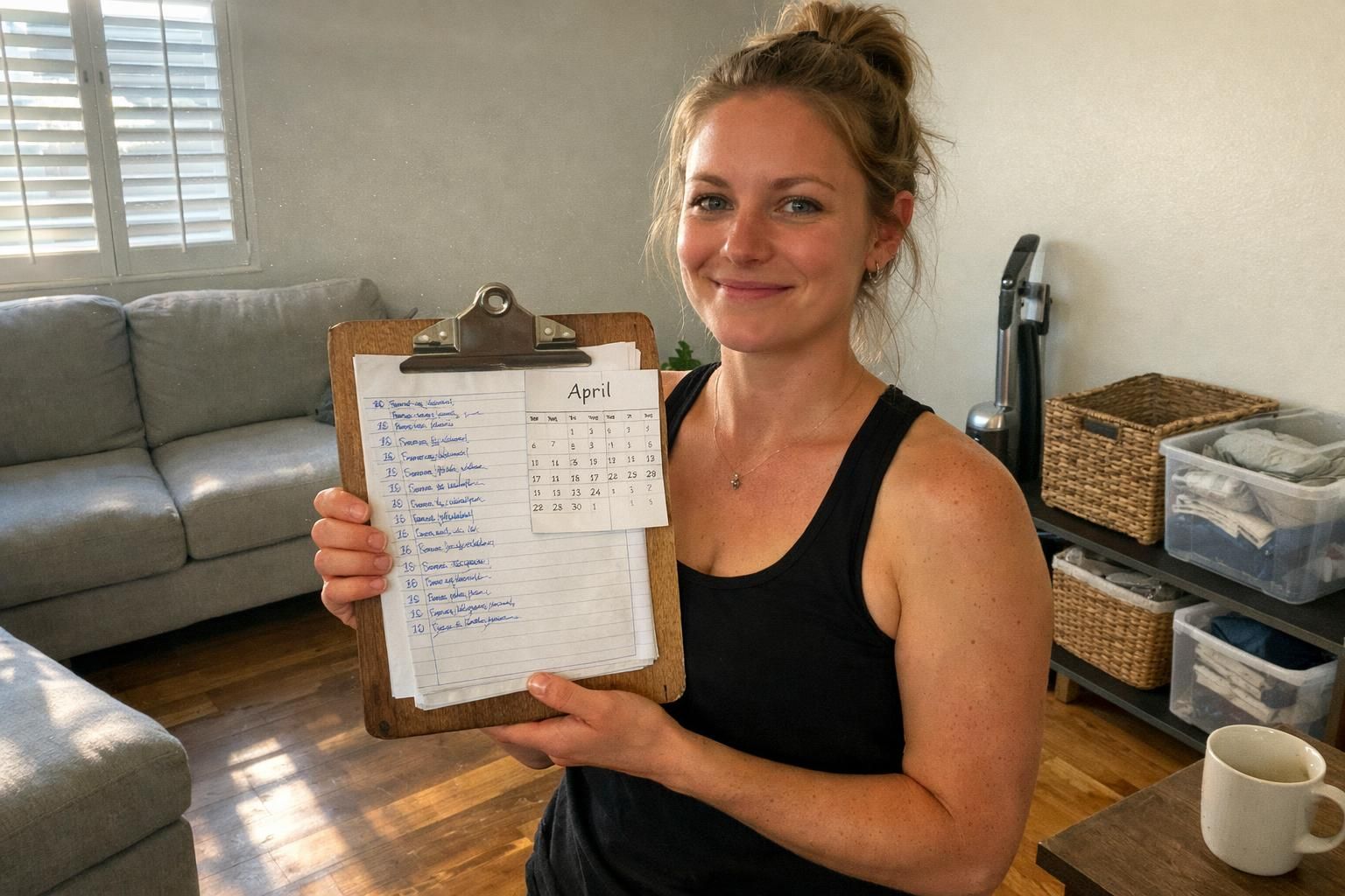 A smiling woman holds a checklist in a tidy living room.