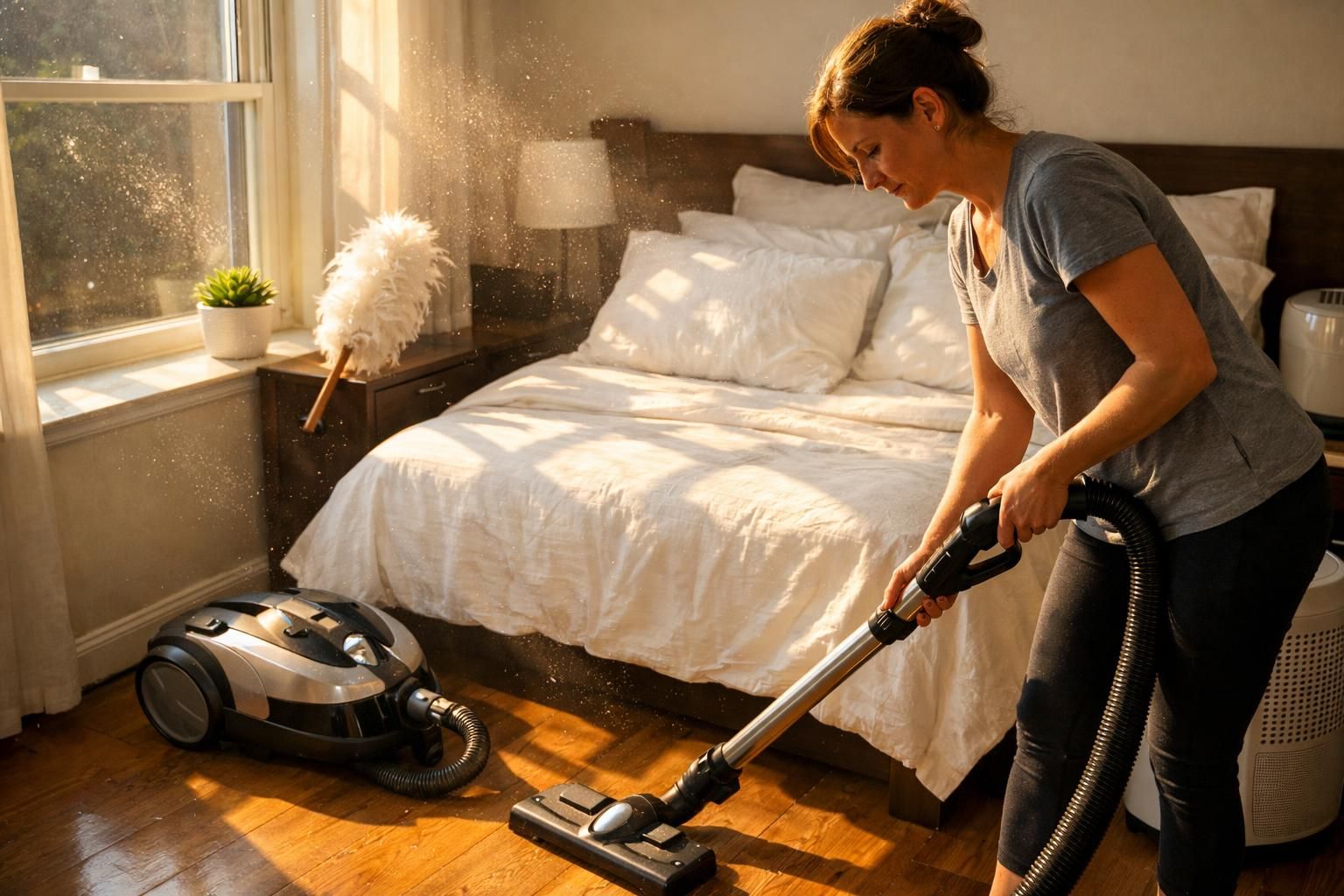 A person actively cleans a bright, minimalistic bedroom with various tools.