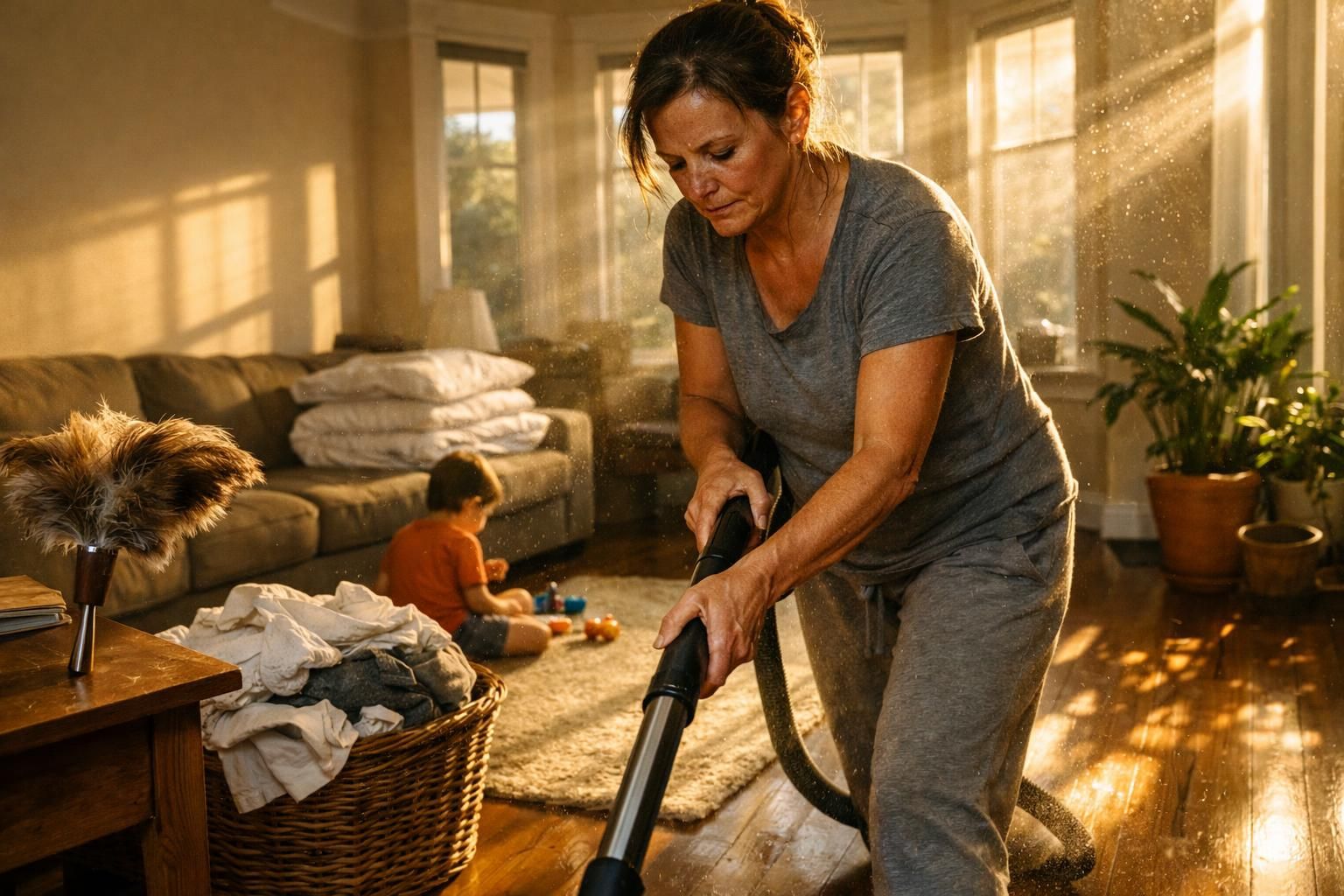A middle-aged woman vacuums while a child plays nearby.