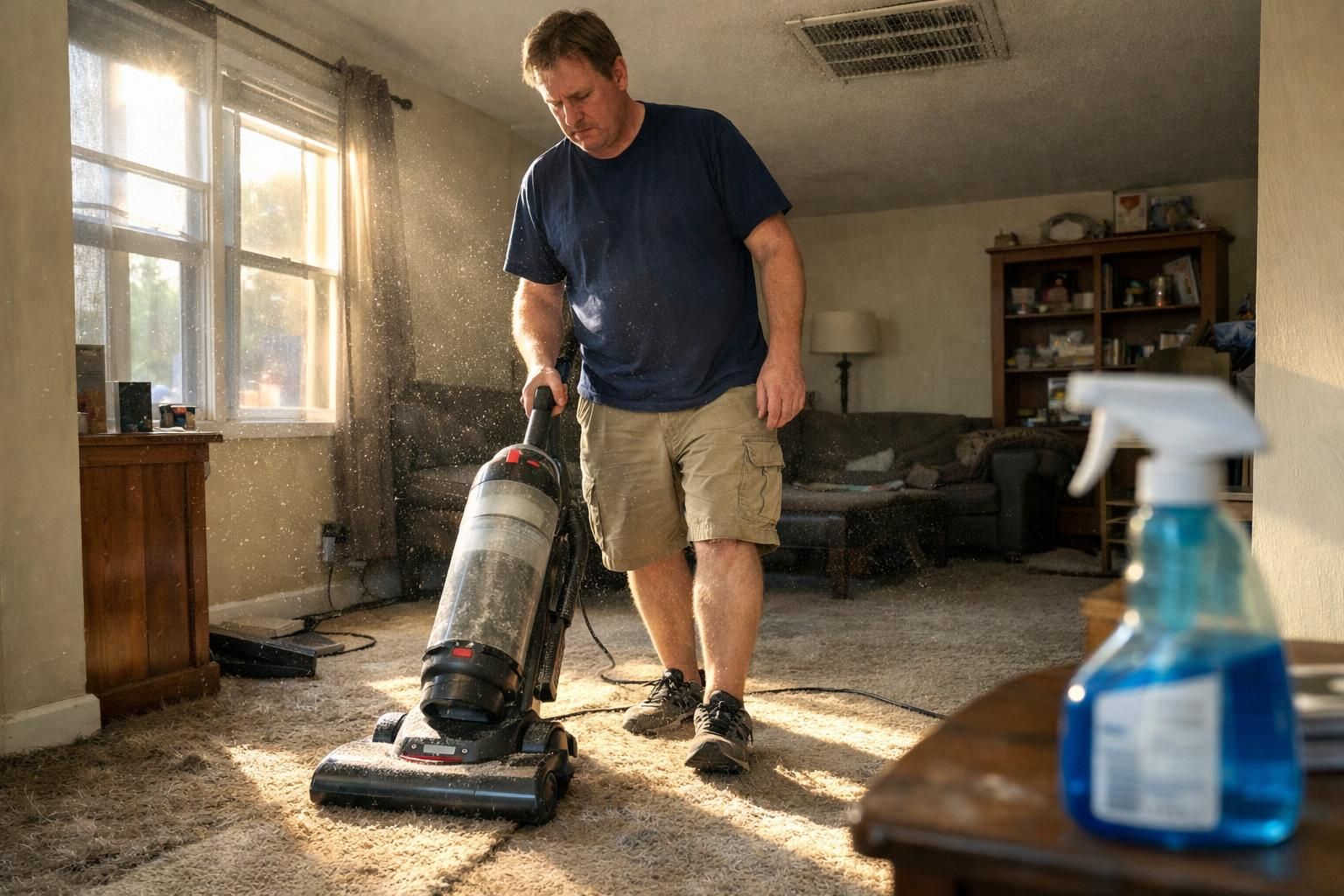 A man vacuums a lived-in living room filled with dust.