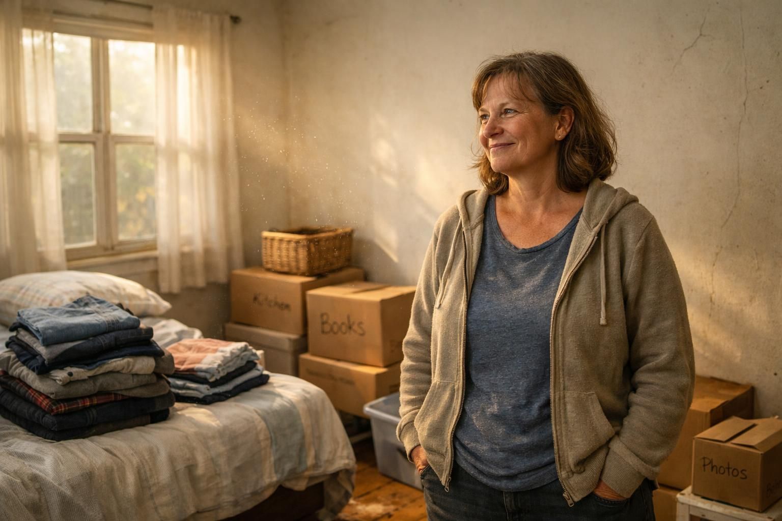 A middle-aged woman smiles thoughtfully in a cozy, organized bedroom.