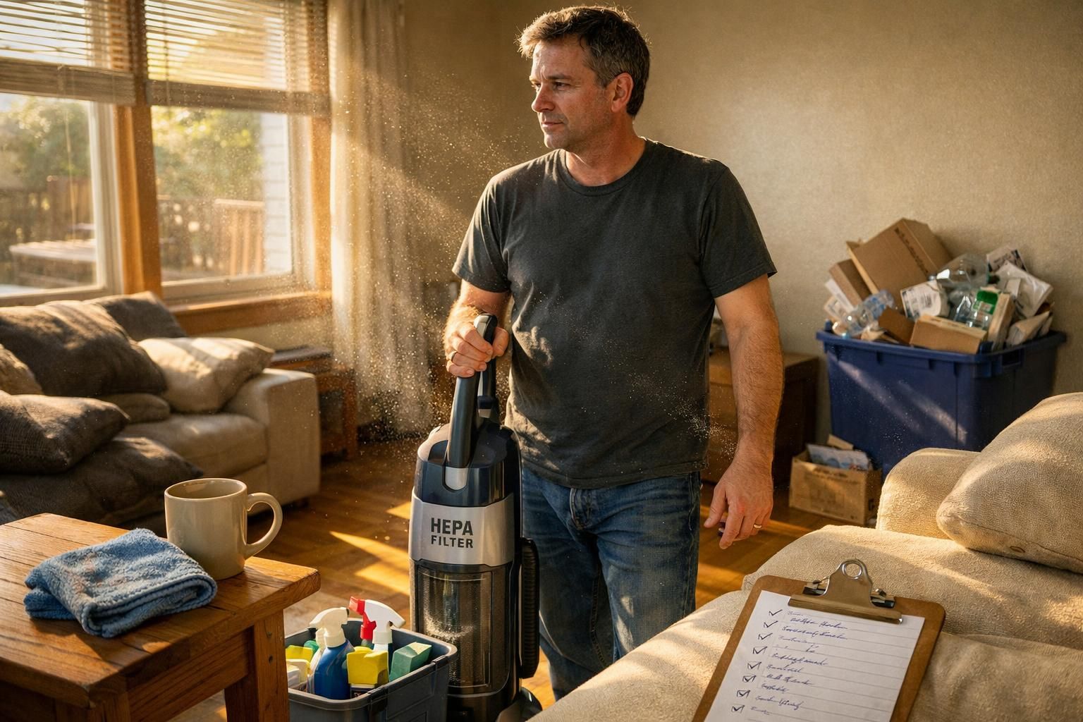 A man cleans a living room, embodying a relaxed yet purposeful demeanor.