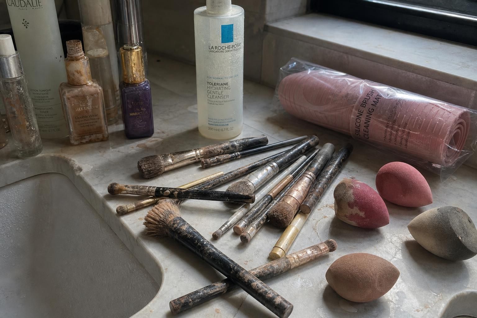 A cluttered bathroom vanity filled with dirty makeup brushes and sponges.