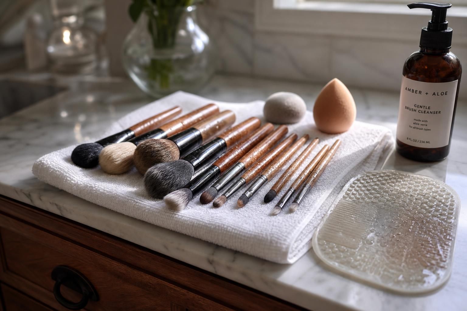 A bathroom vanity displays cleaned makeup brushes and beauty tools drying.