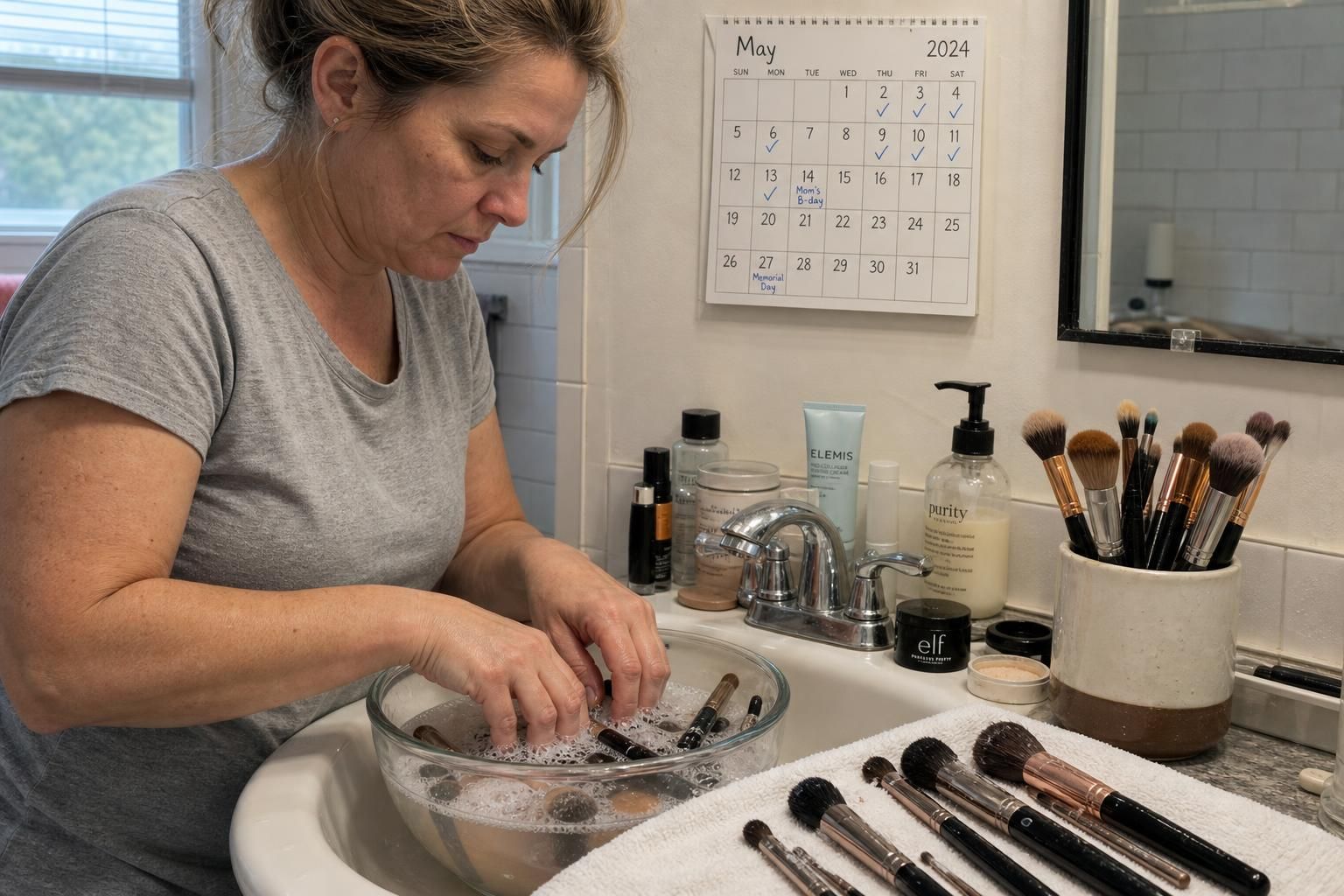 A woman cleans makeup brushes at a bathroom sink.