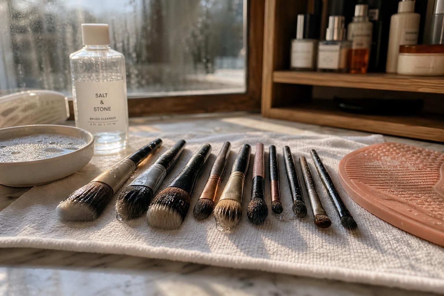 A collection of wet makeup brushes and sponges drying on a towel.