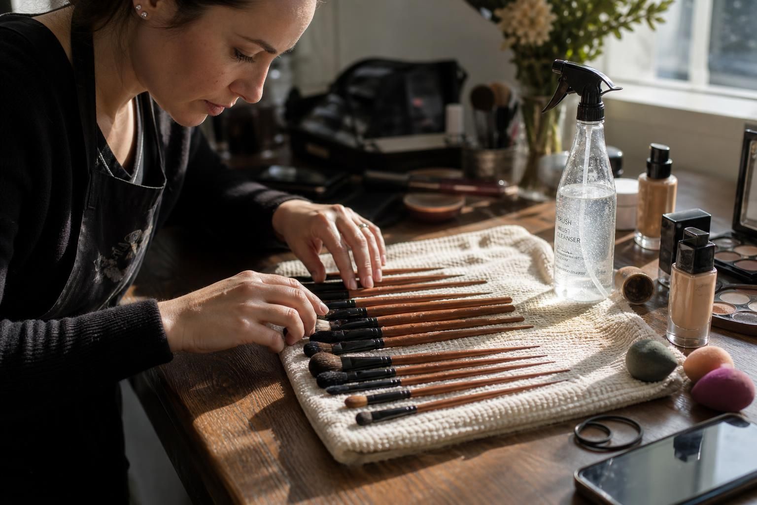 A makeup artist arranges brushes methodically on a towel.
