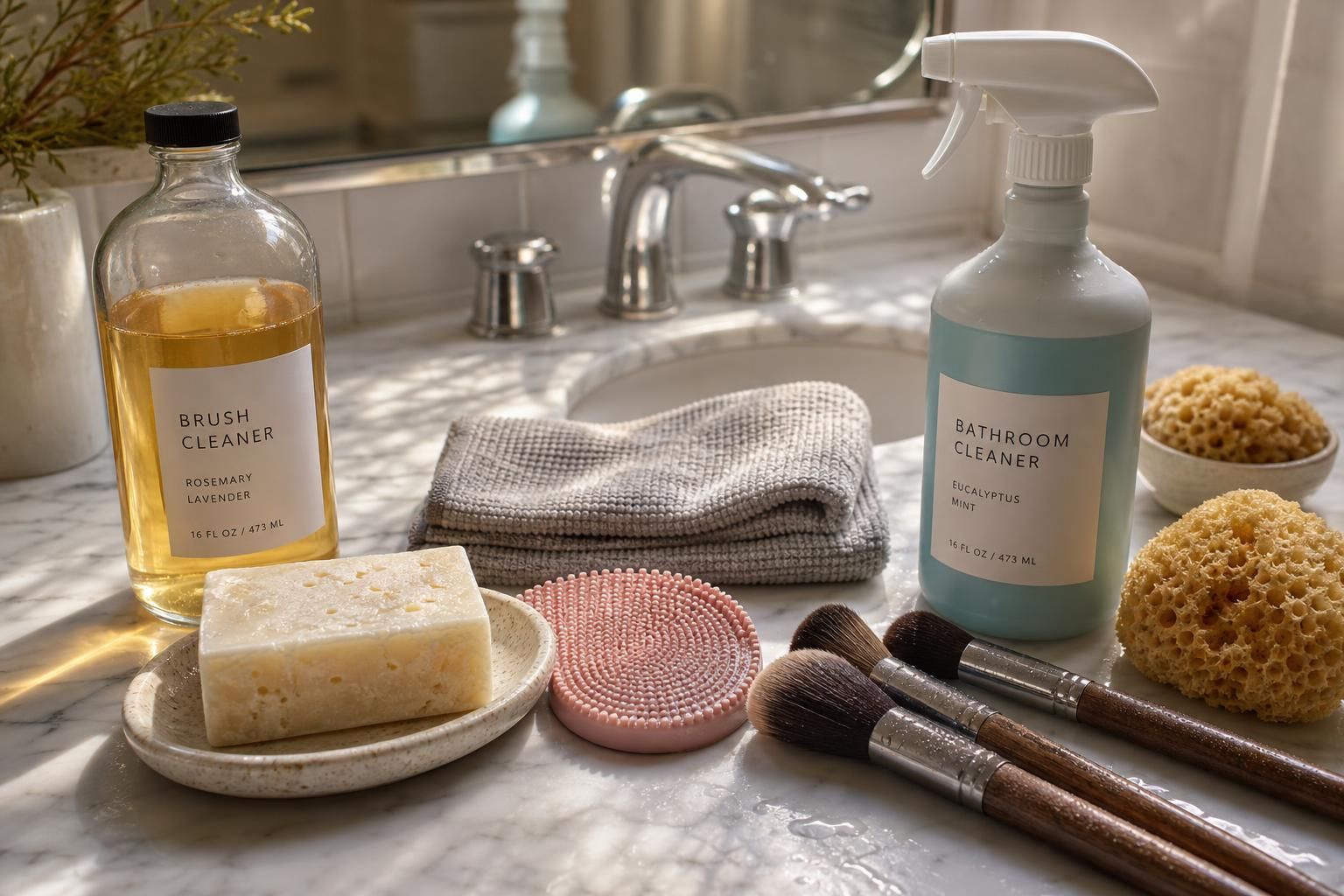 A curated arrangement of personal care and cleaning items on marble.