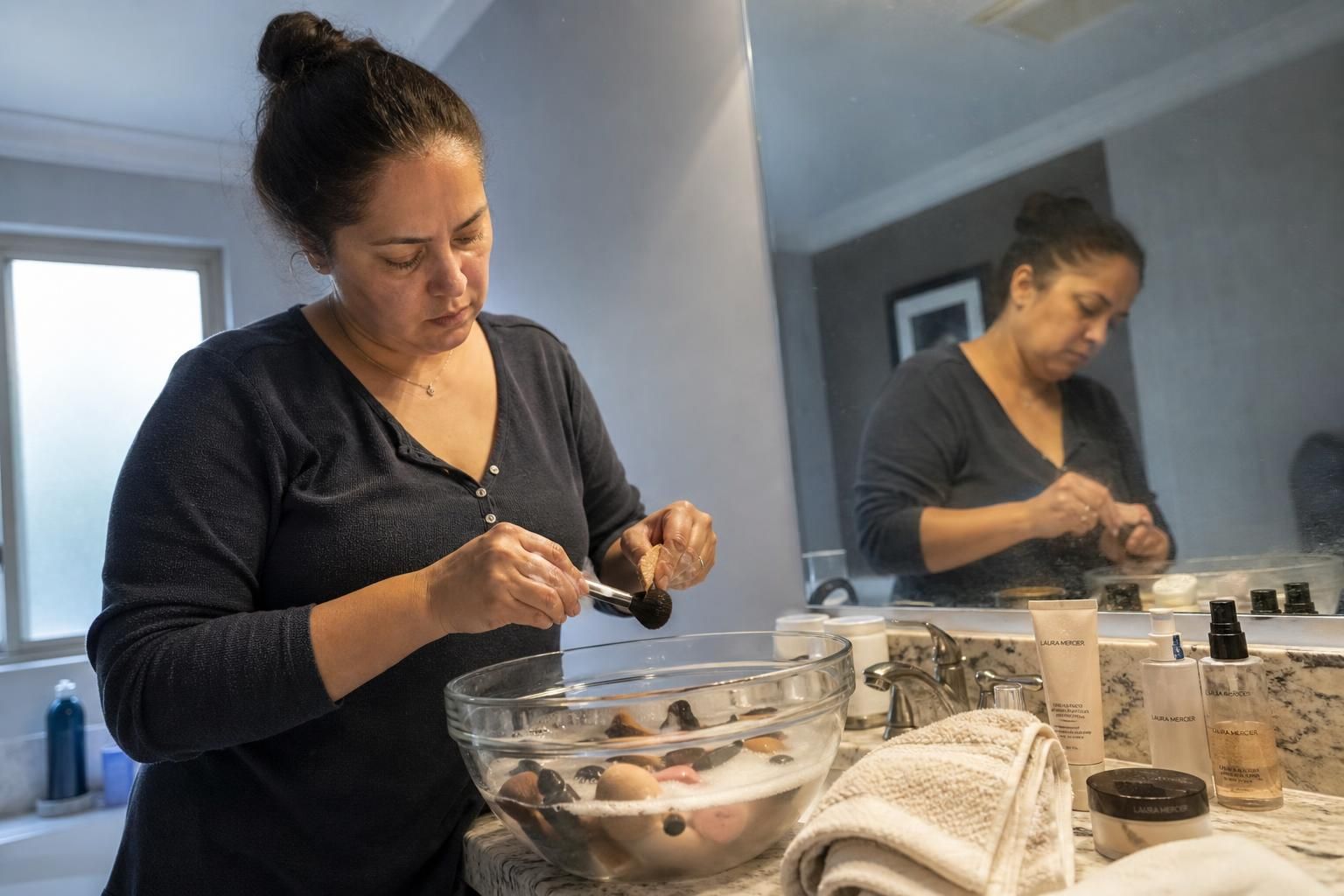 A woman meticulously cleans makeup brushes in her bathroom.
