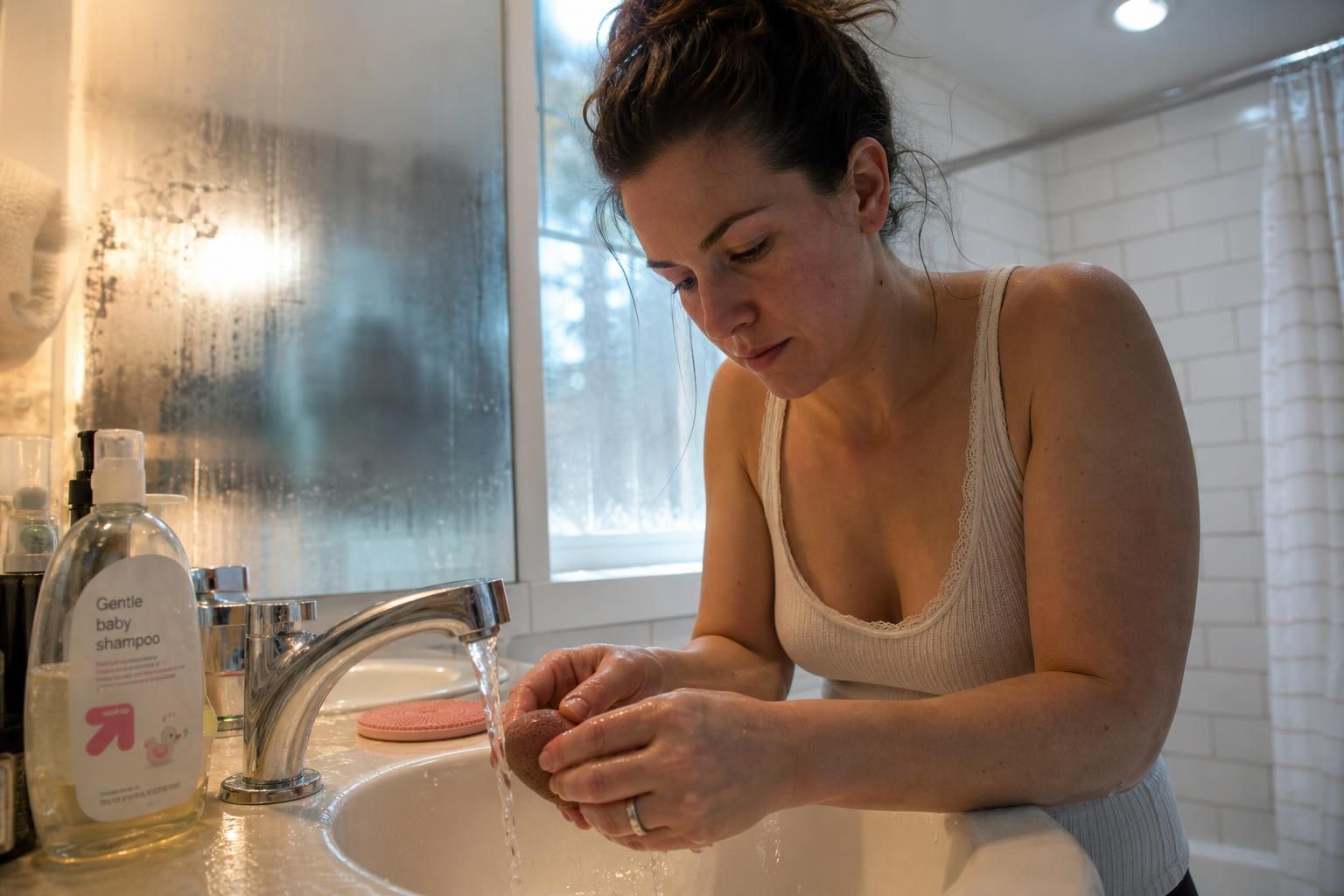 A woman focuses on her morning skincare routine at a bathroom sink.