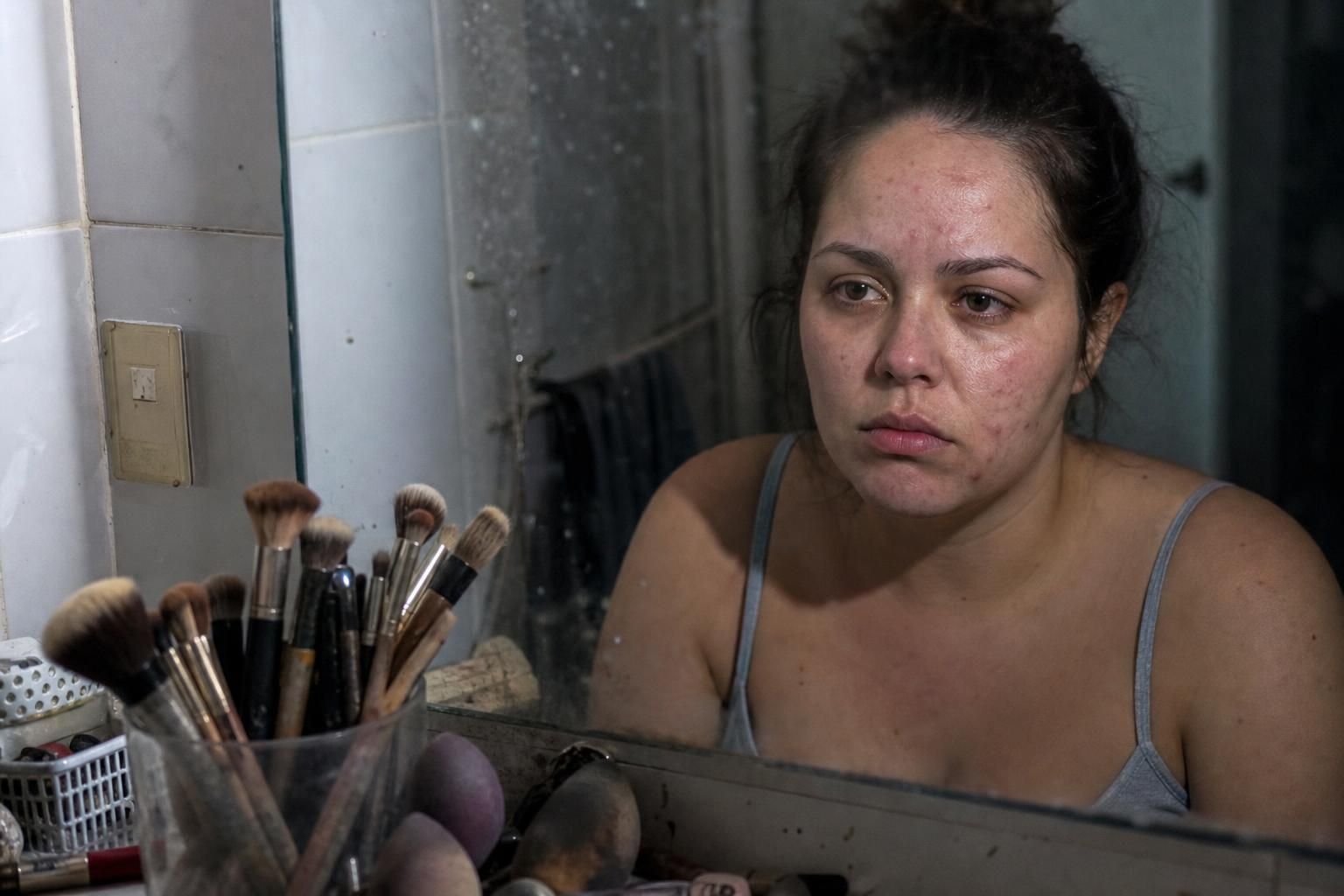 A woman gazes dejectedly into a mirror, surrounded by neglected makeup tools.