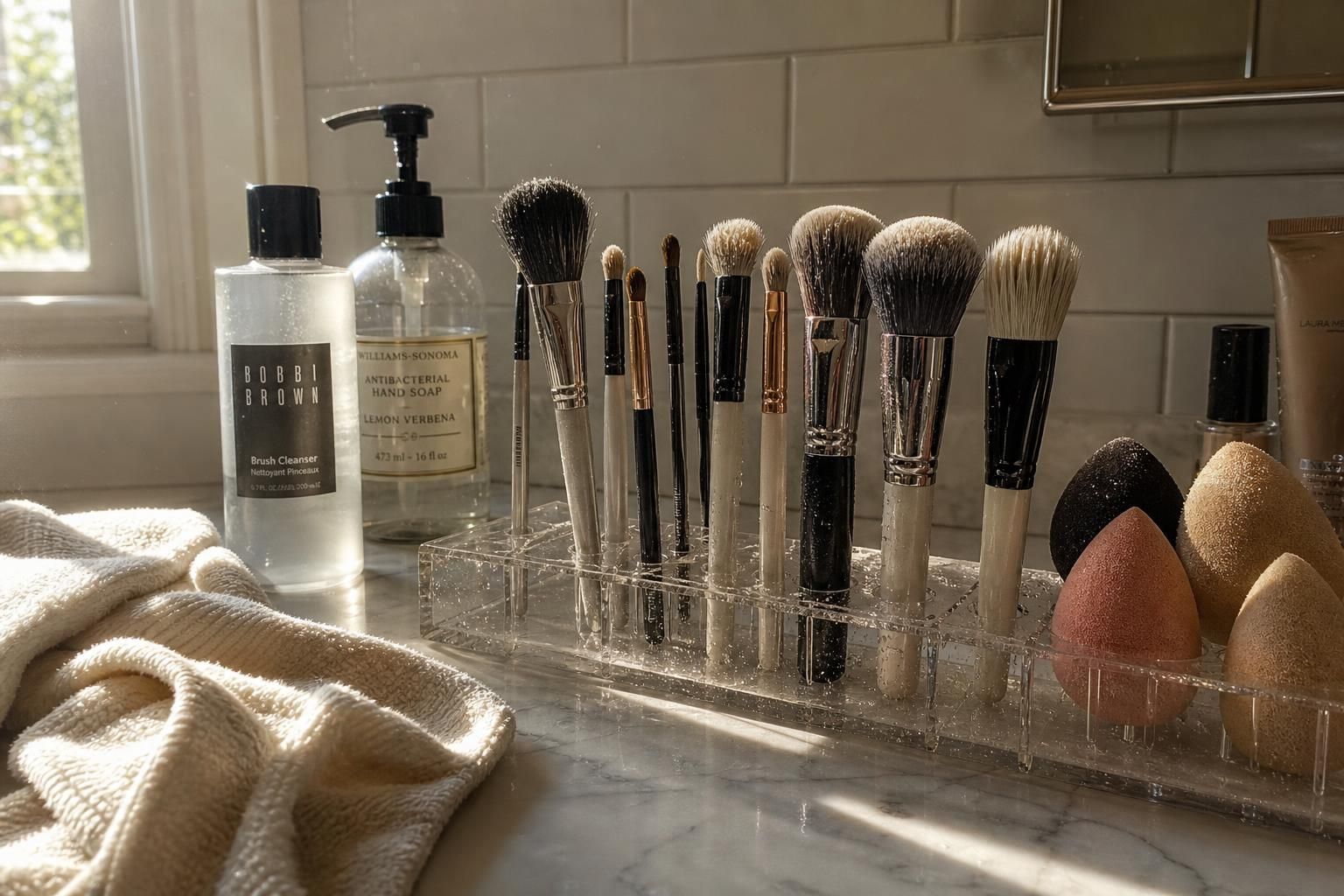 A neatly organized bathroom vanity with beauty tools and towels.