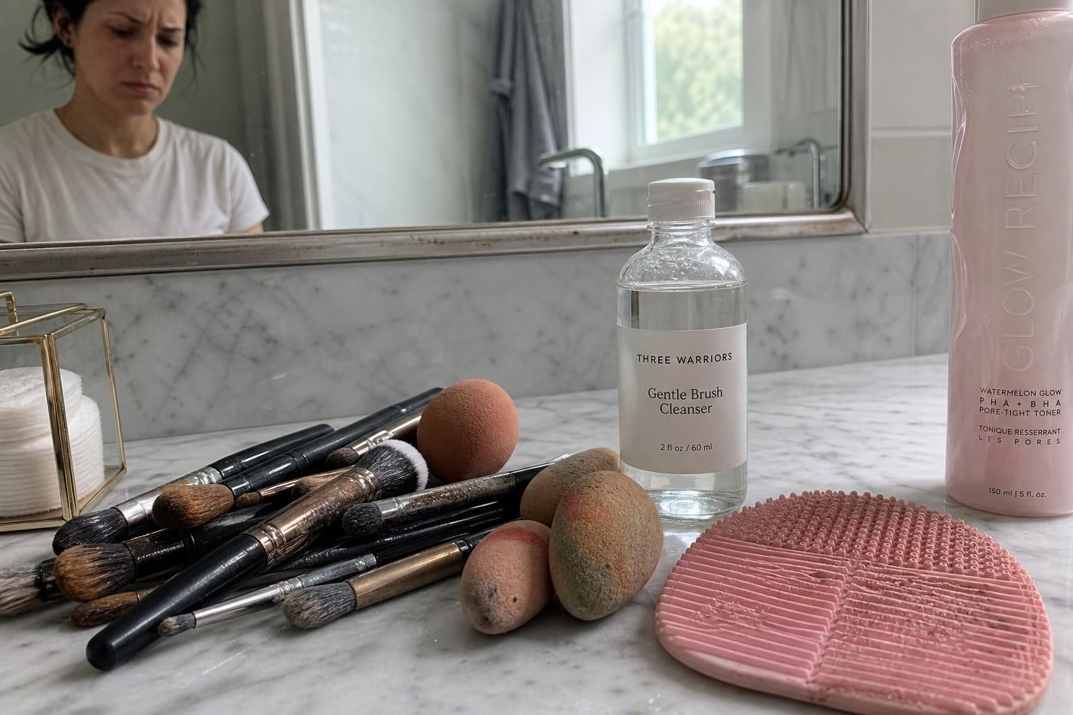 A cluttered marble vanity reflects everyday grooming neglect and concern.