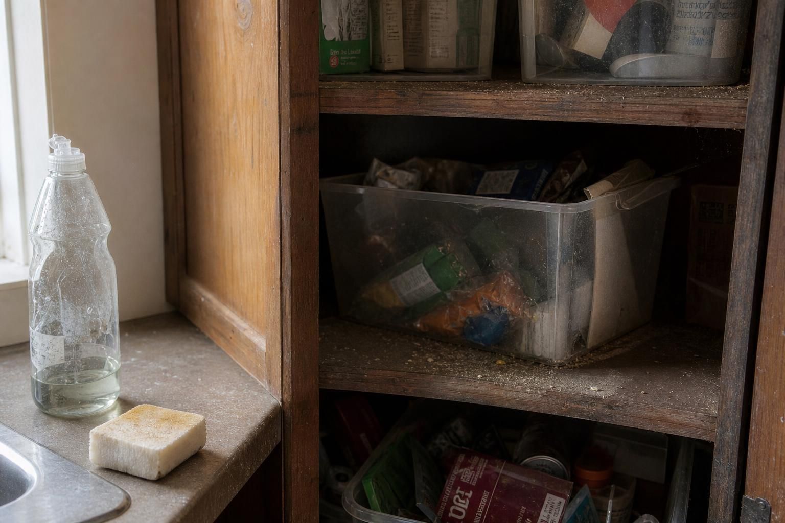 A cluttered kitchen cabinet reveals neglect and disarray of household items.