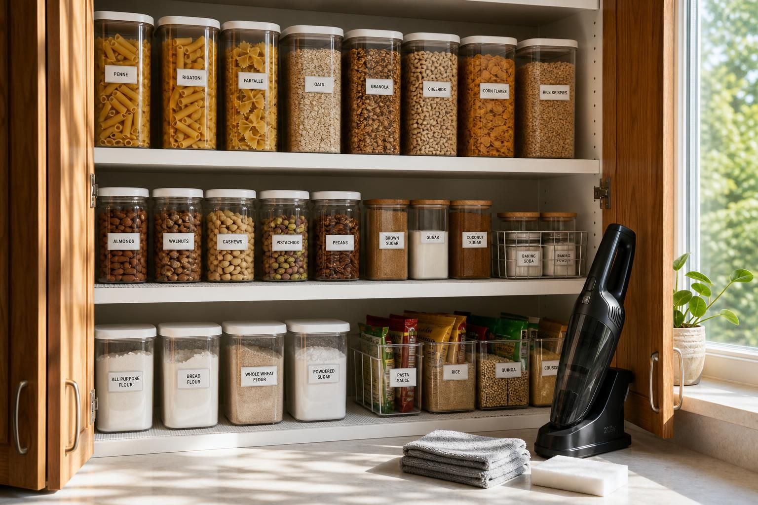 A neatly organized kitchen pantry with clear containers and labels.