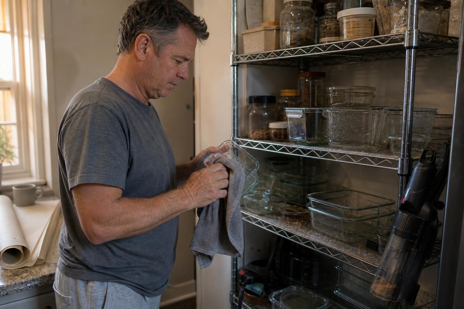 A middle-aged homeowner diligently cleans glass storage containers in their pantry.