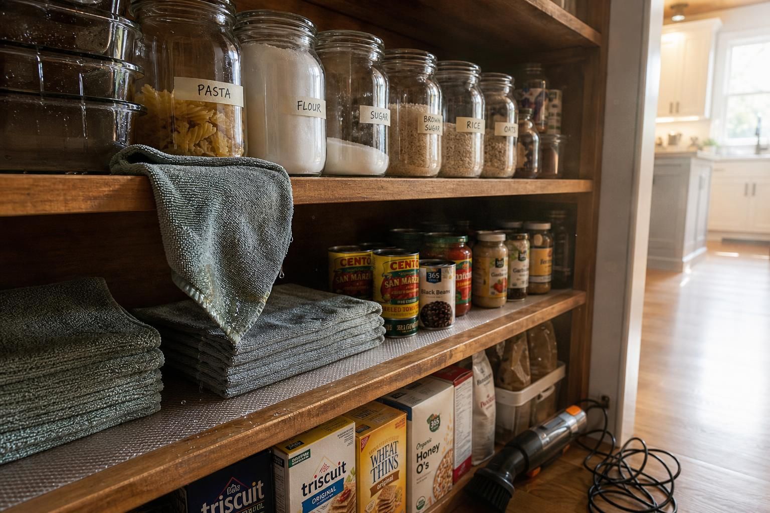 A neatly organized kitchen pantry mid-cleaning with various dry goods.