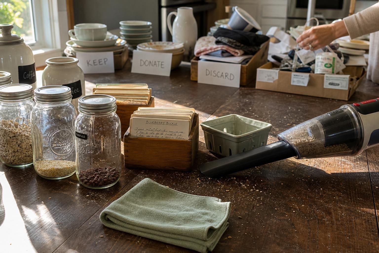 A kitchen countertop in a decluttering session with organized sorting zones.