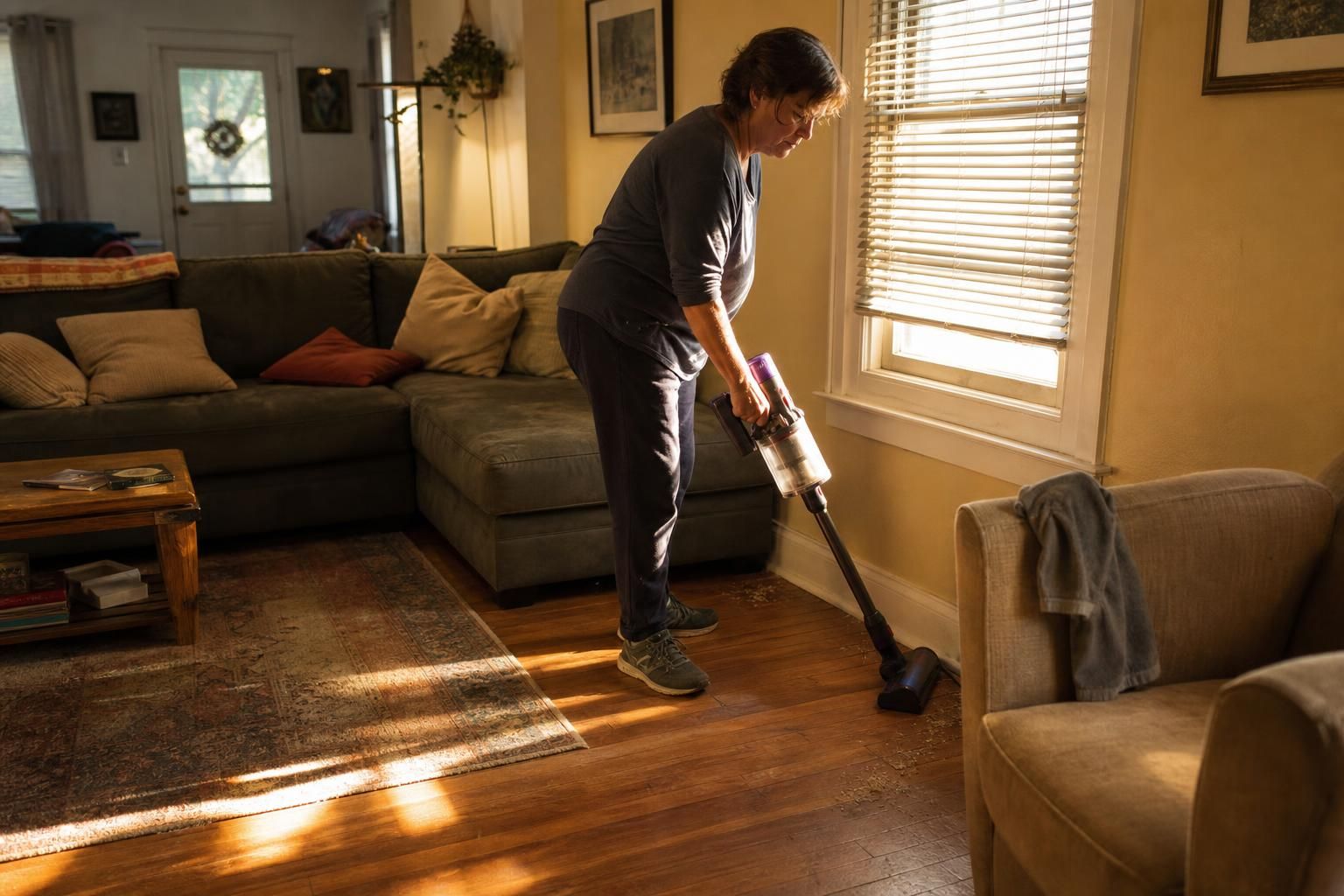 A focused person cleans baseboards with a cordless vacuum in a lived-in room.