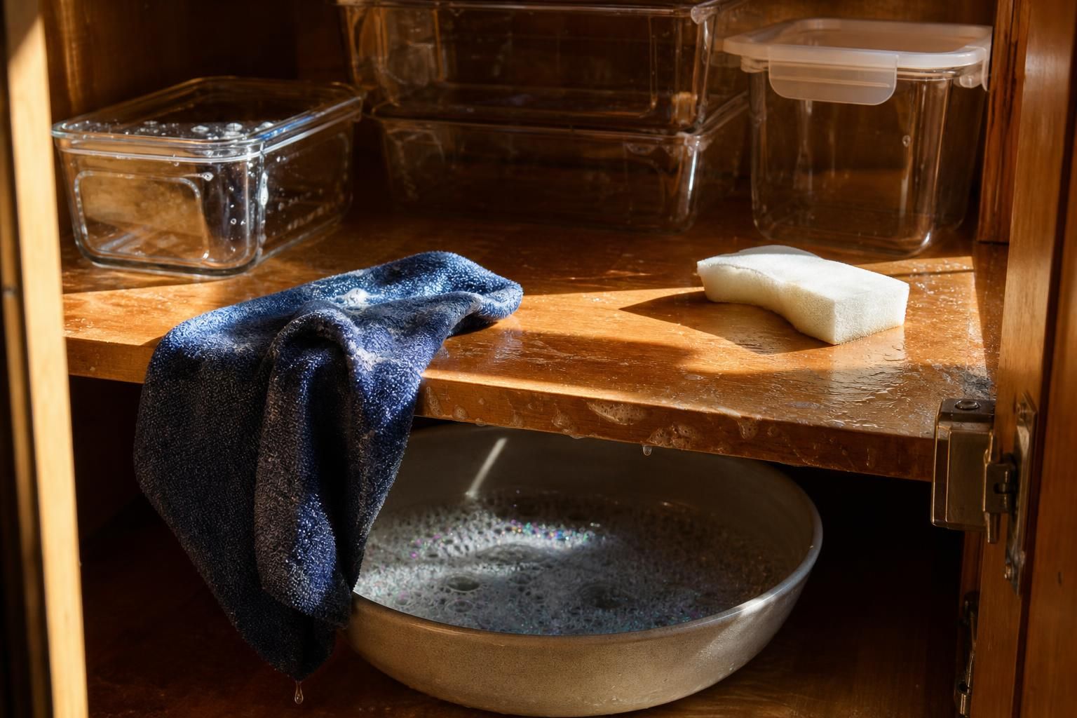 A kitchen cabinet being cleaned with soapy water and tools.