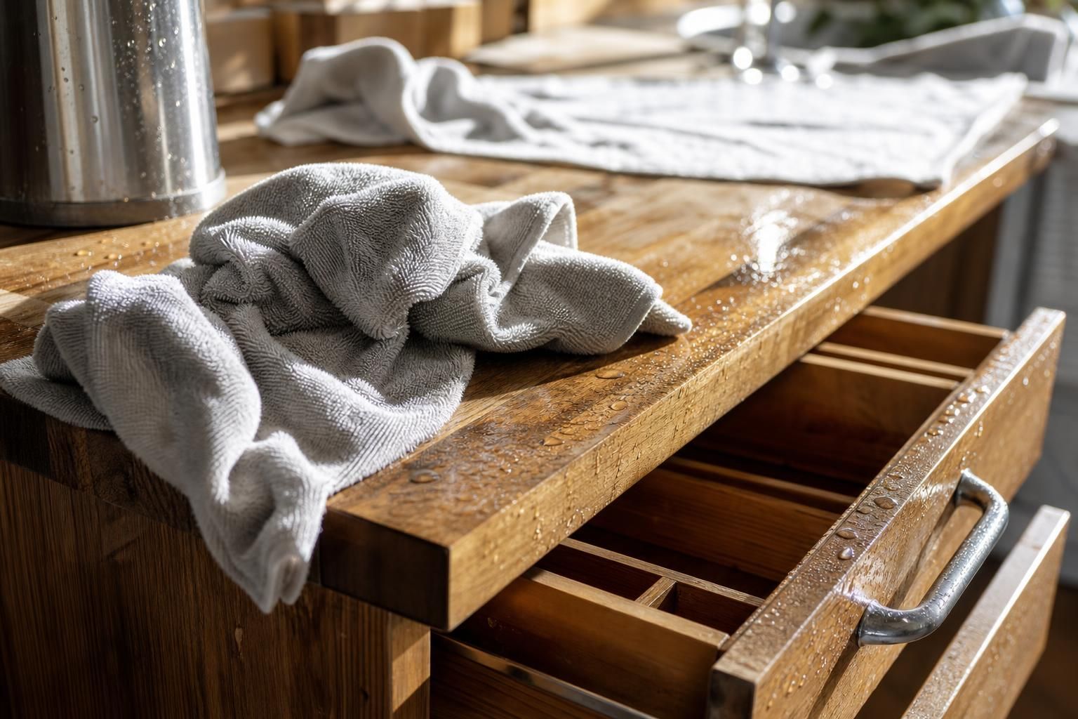 A sunlit kitchen featuring organized wooden drawers and damp microfiber cloths.
