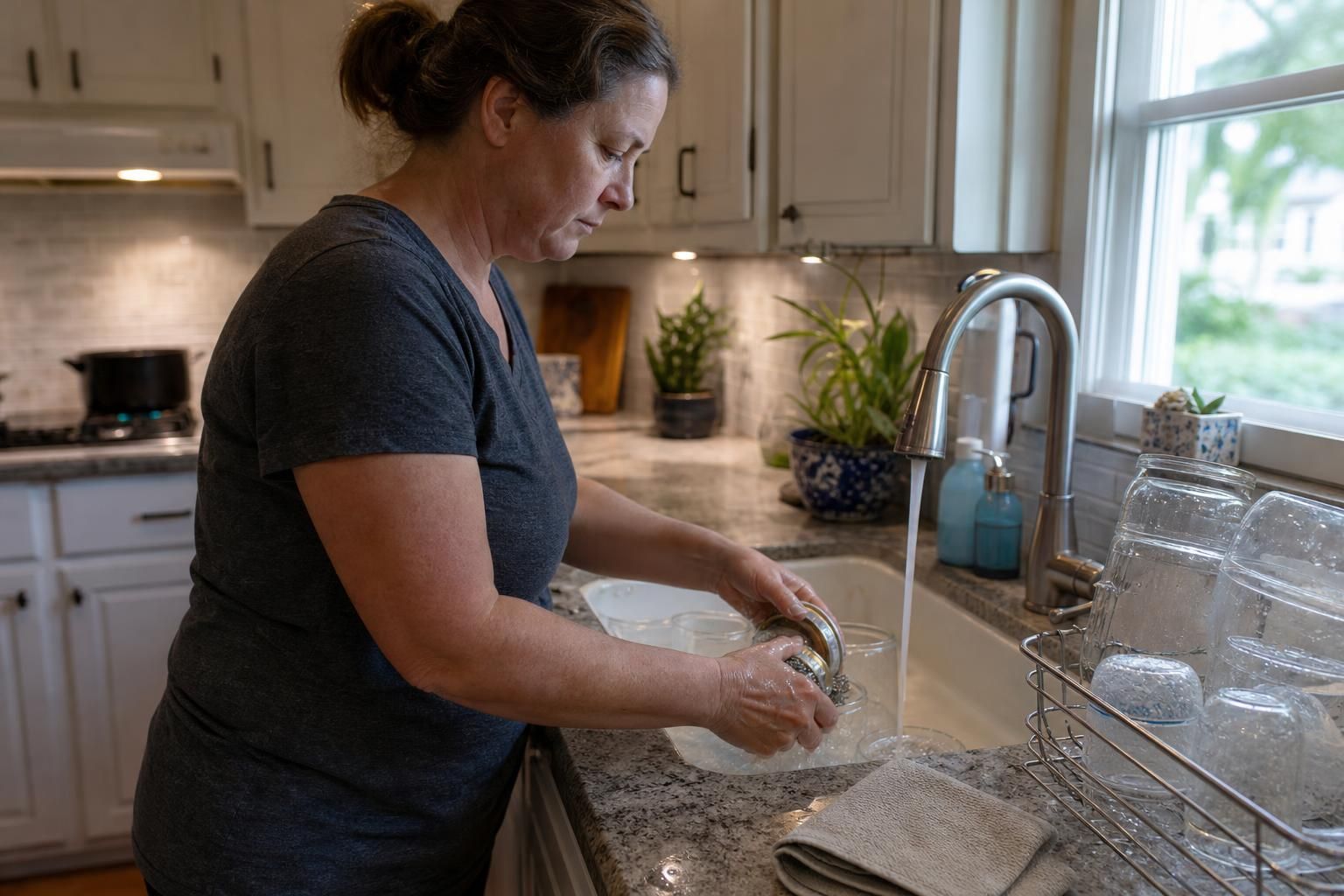 A woman washes glass jars and containers at a kitchen sink.