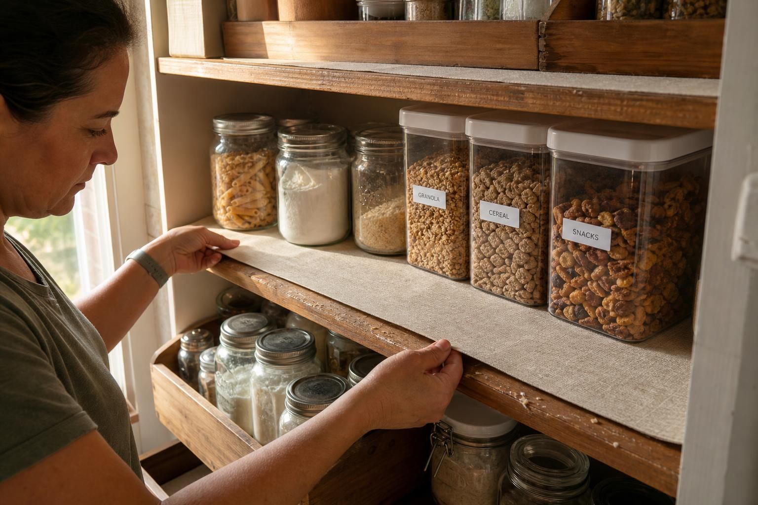 A homeowner organizes a kitchen pantry with neatly labeled containers.