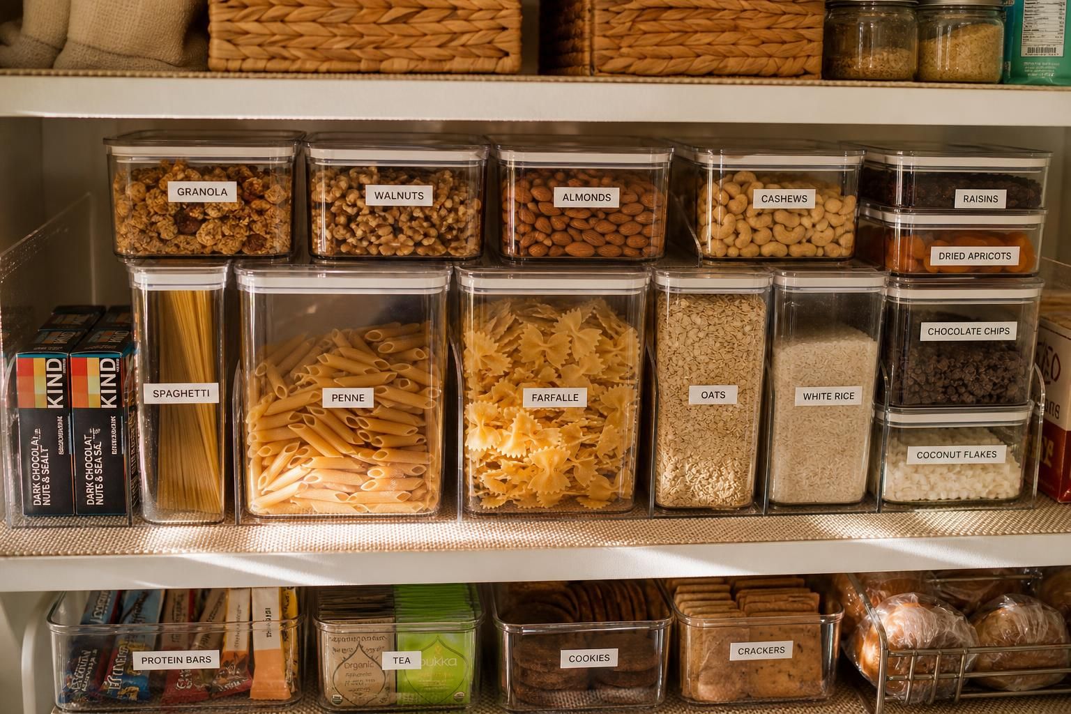 A neatly organized kitchen pantry shelf with transparent storage containers.