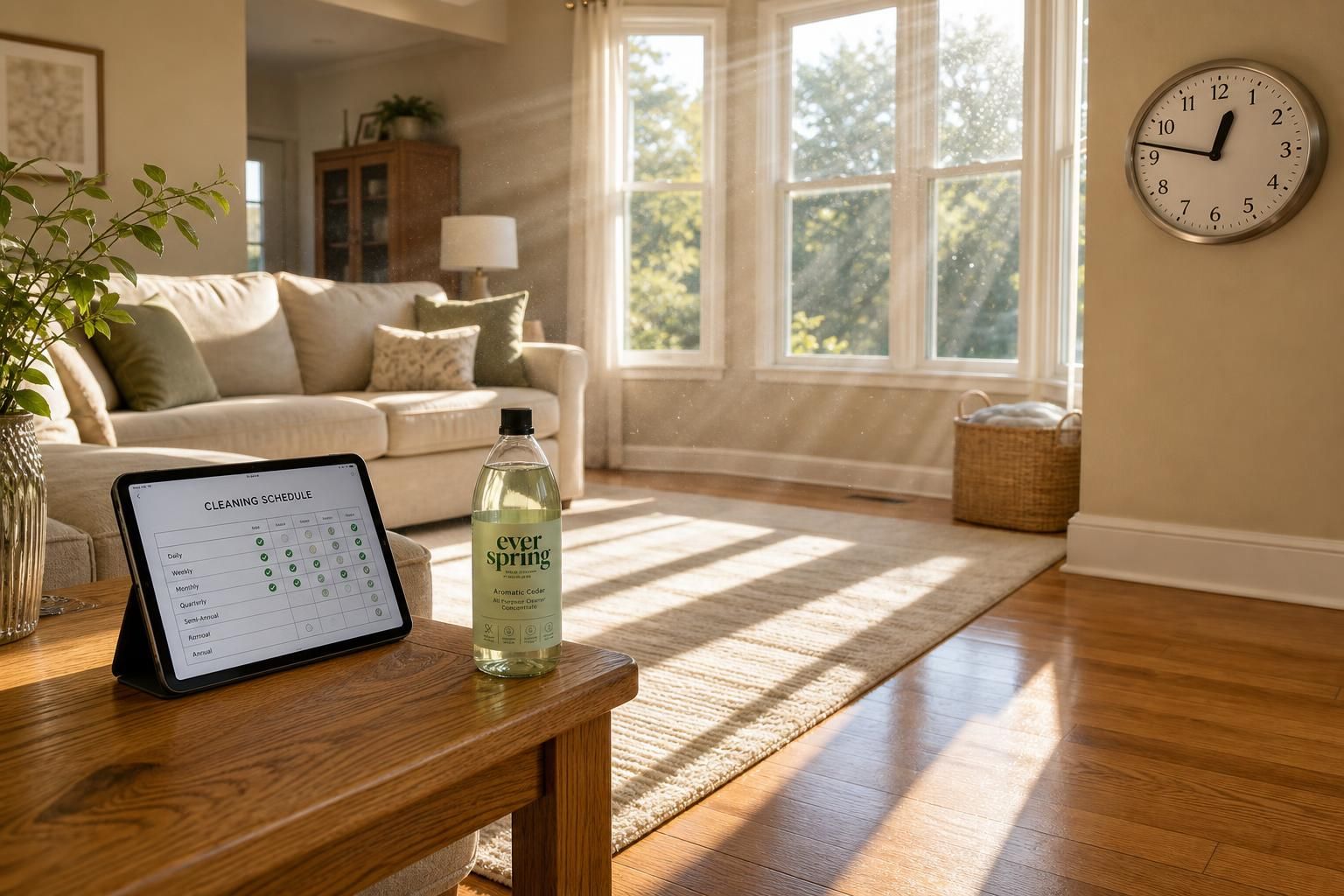A cozy suburban living room showcasing tidy furnishings and cleaning tools.