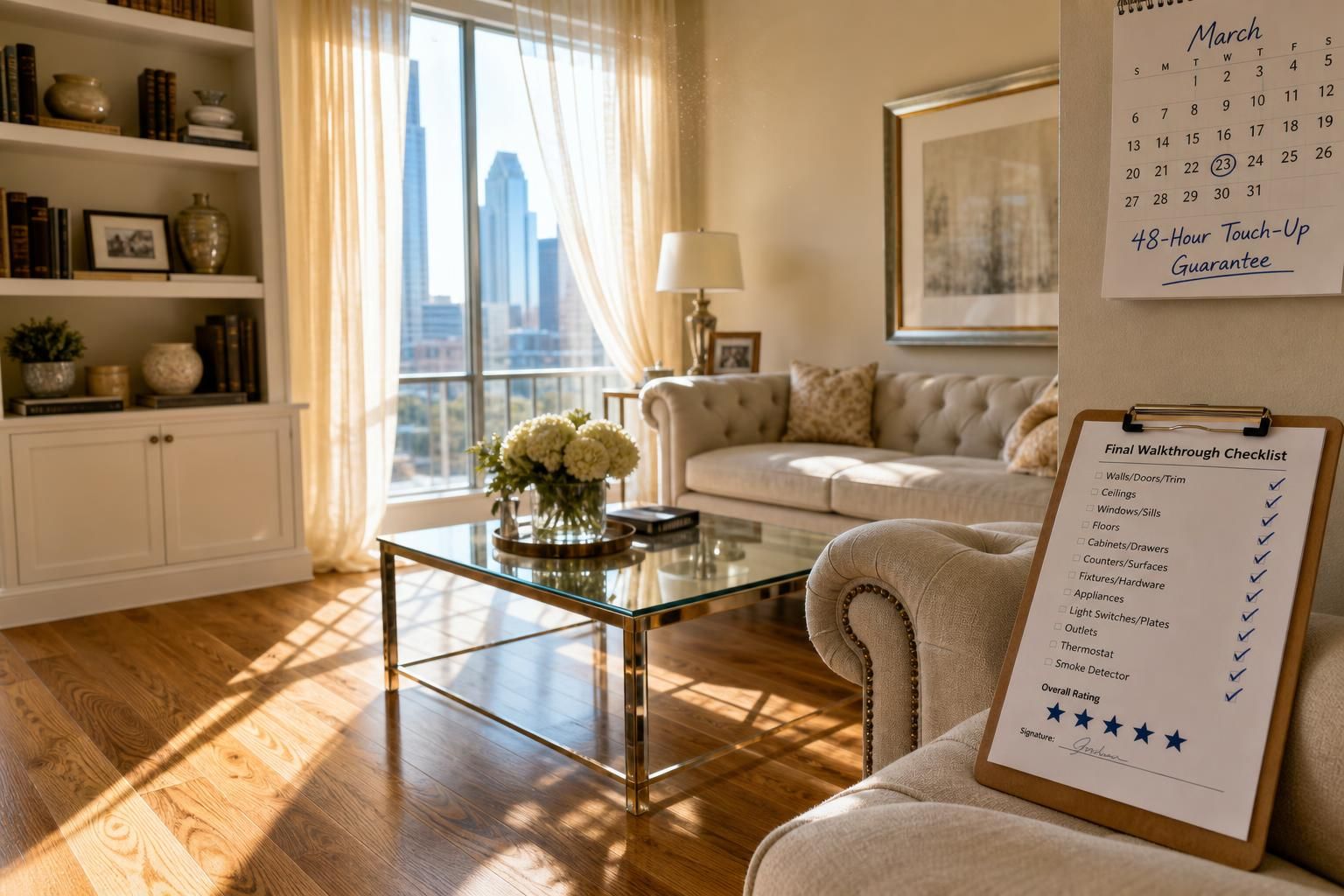 A beautifully organized living room featuring elegant decor and furniture.