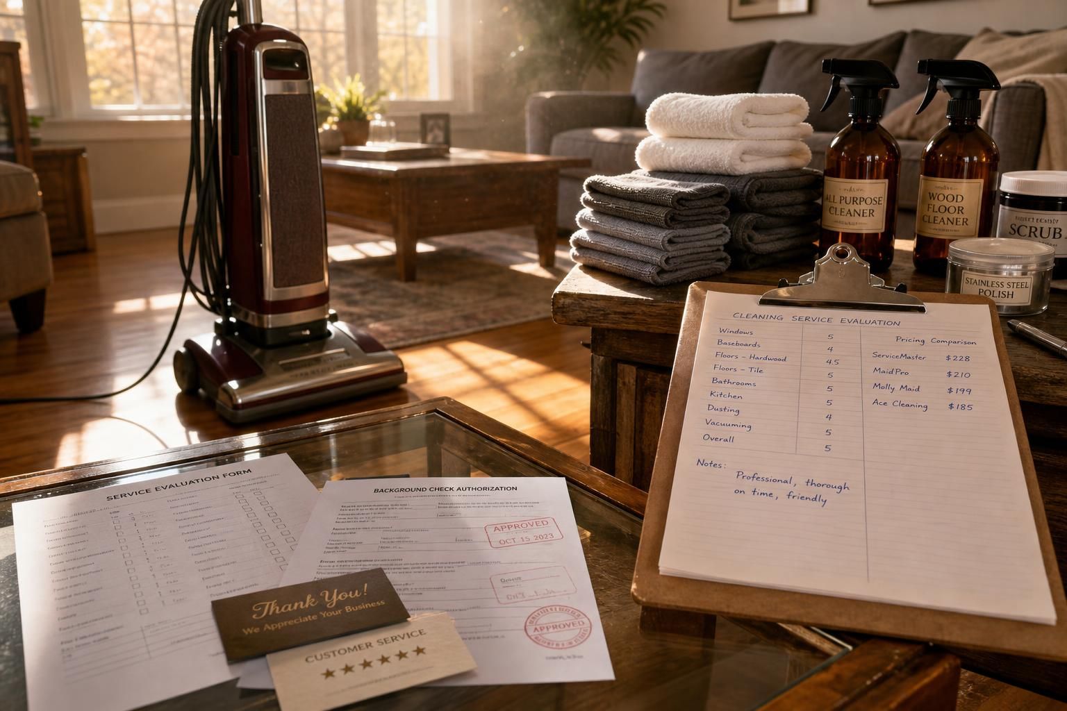 A meticulous cleaning service evaluation occurs in a sunlit living room.