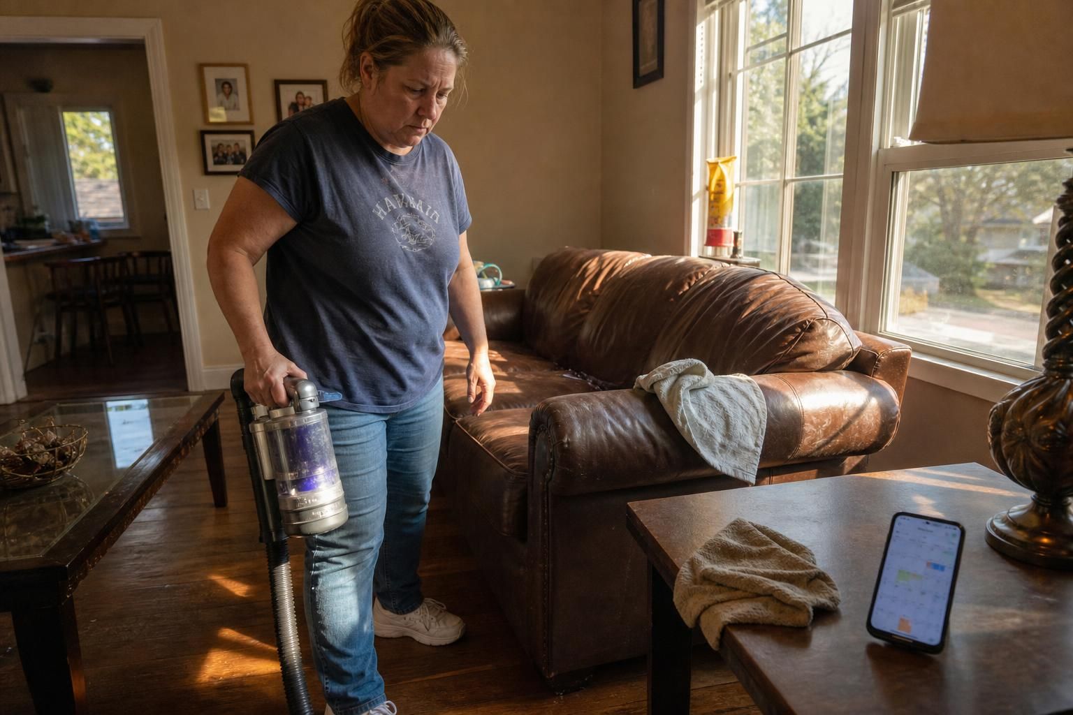 A middle-aged woman cleans in a lived-in suburban living room.