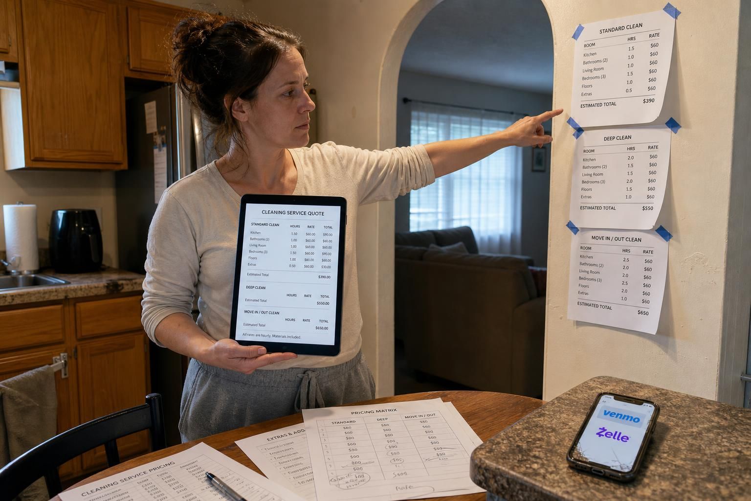 A focused woman reviews cleaning quotes in her modest kitchen.