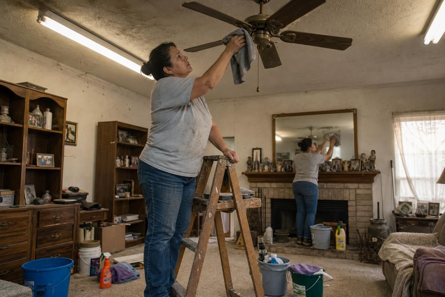 A woman cleans a dusty ceiling fan on a step ladder.