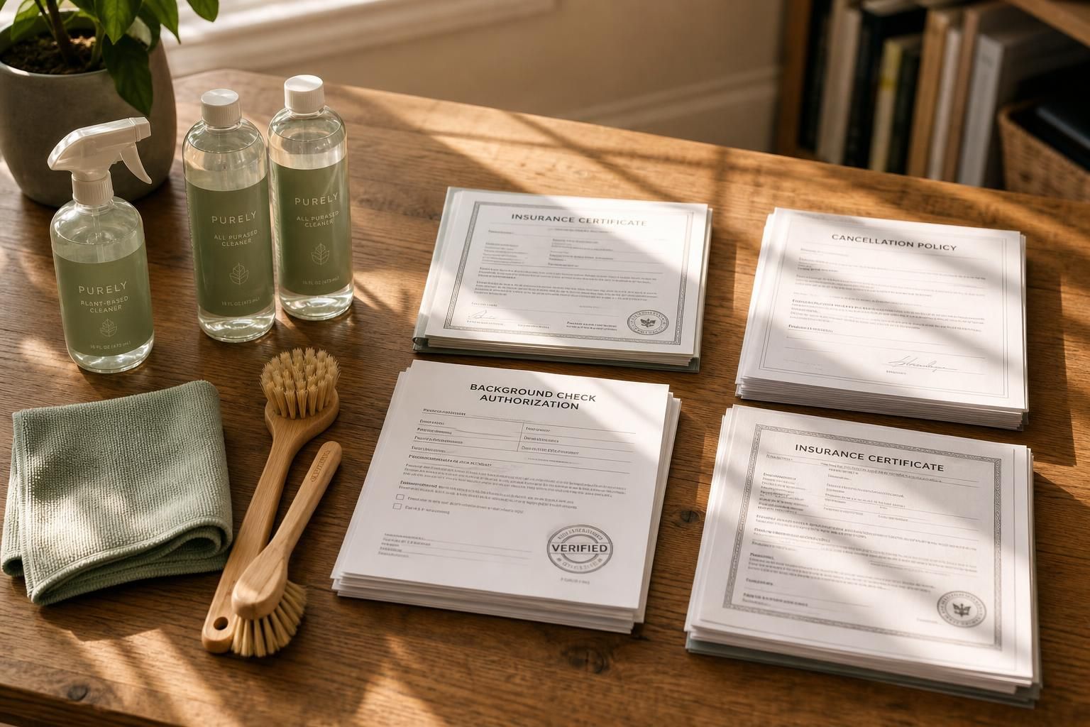 A neatly organized home office desk with cleaning supplies and documents.