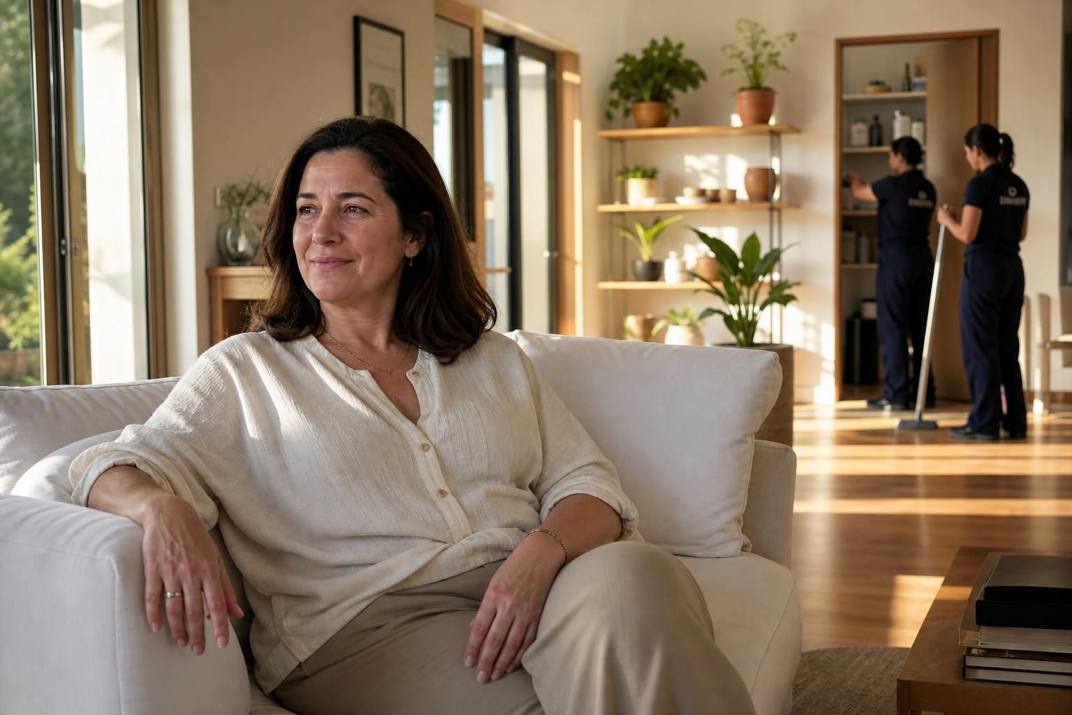A relaxed middle-aged woman enjoys her contemporary living room.