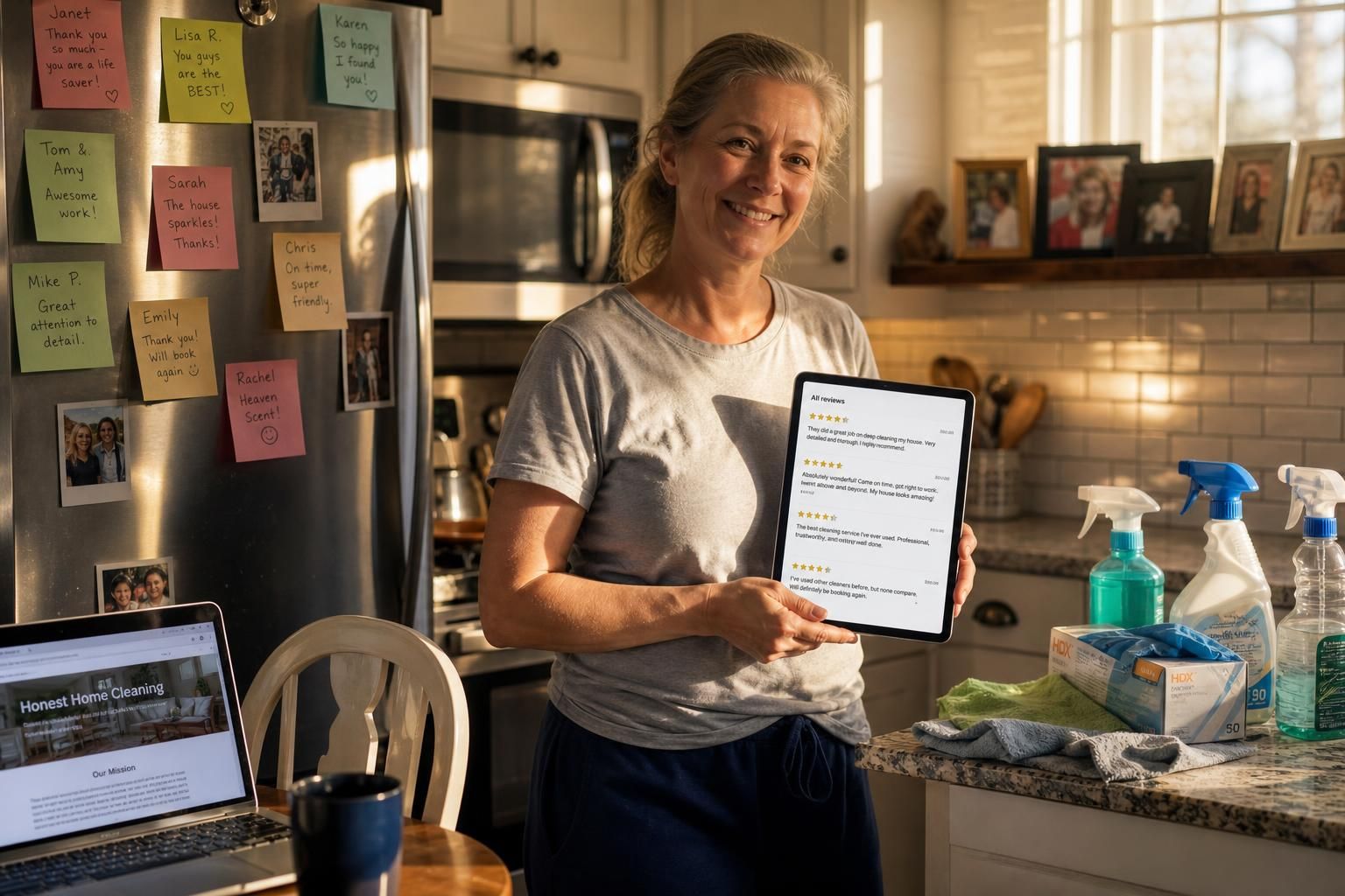A woman smiles warmly while reviewing customer feedback in a cozy kitchen.